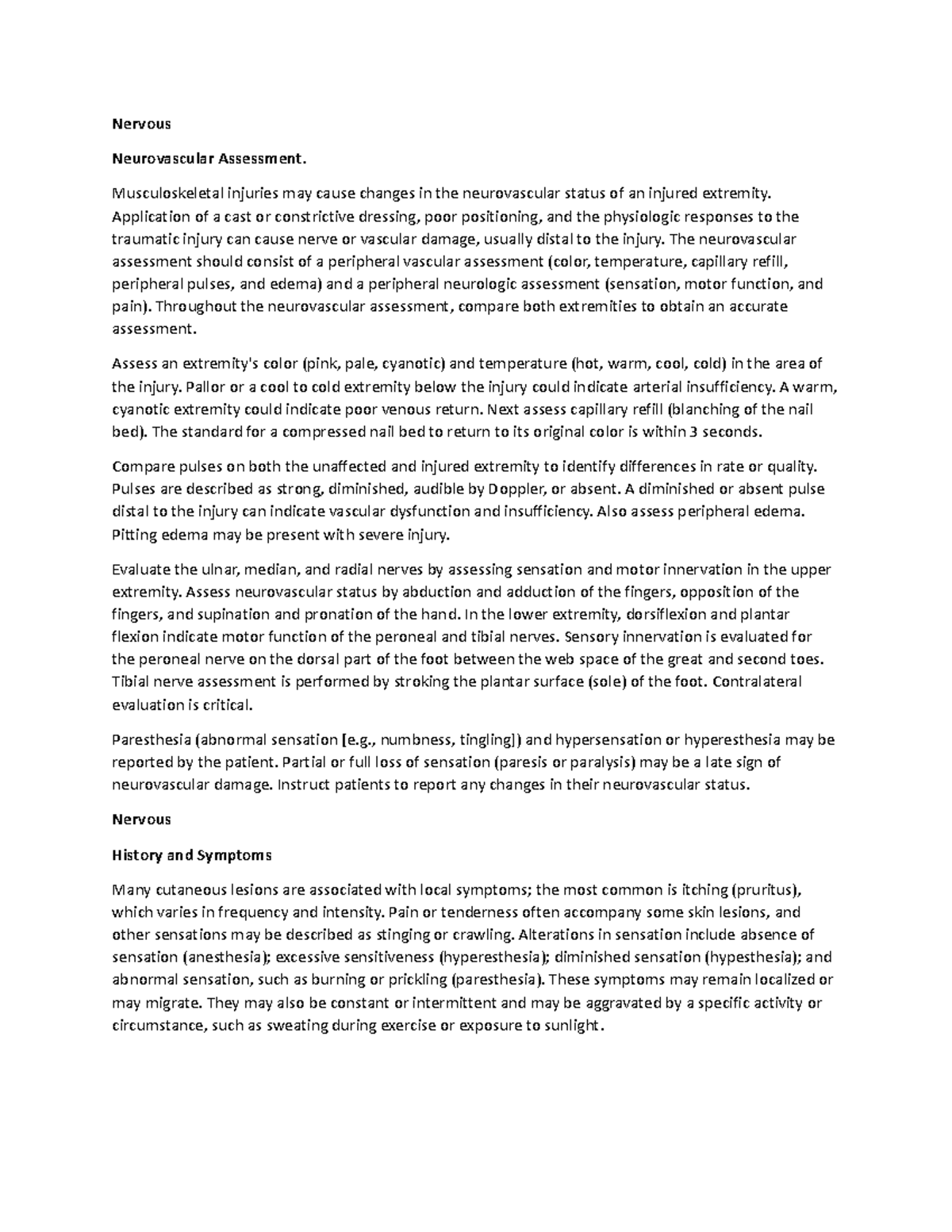 Nervous - Nervous Neurovascular Assessment. Musculoskeletal injuries ...