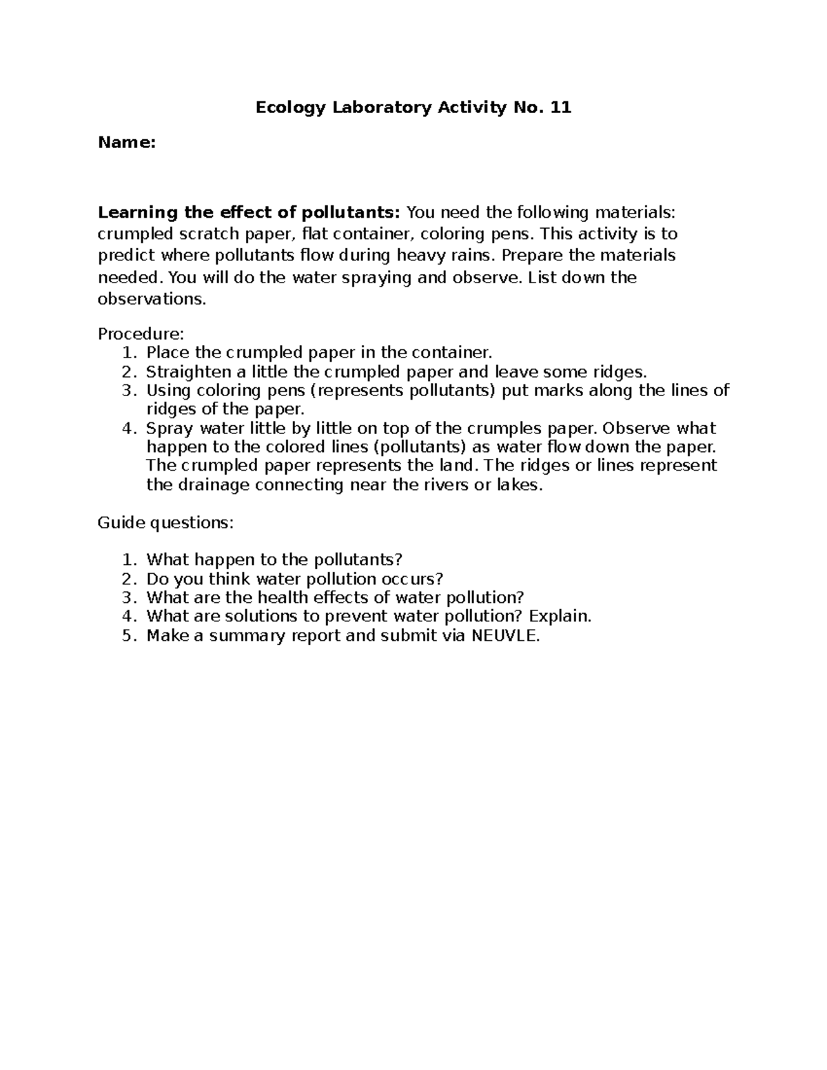 Ecology Lab on Pollutants Ecology Laboratory Activity No. 11 Name