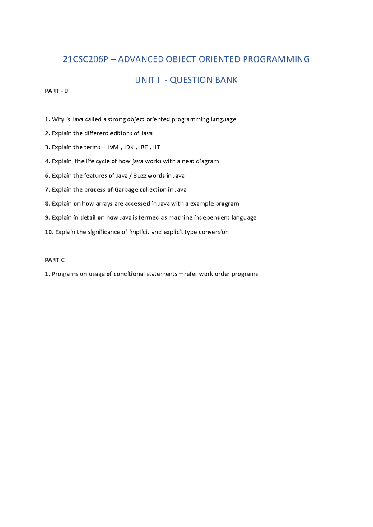 21CSC206P-AOOP-Unit1-Question Bank - 21CSC206P – ADVANCED OBJECT ...