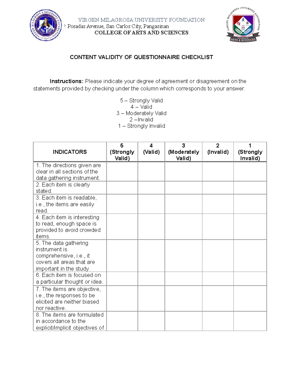 Content Validity OF Questionnaire Checklist - VIRGEN MILAGROSA ...