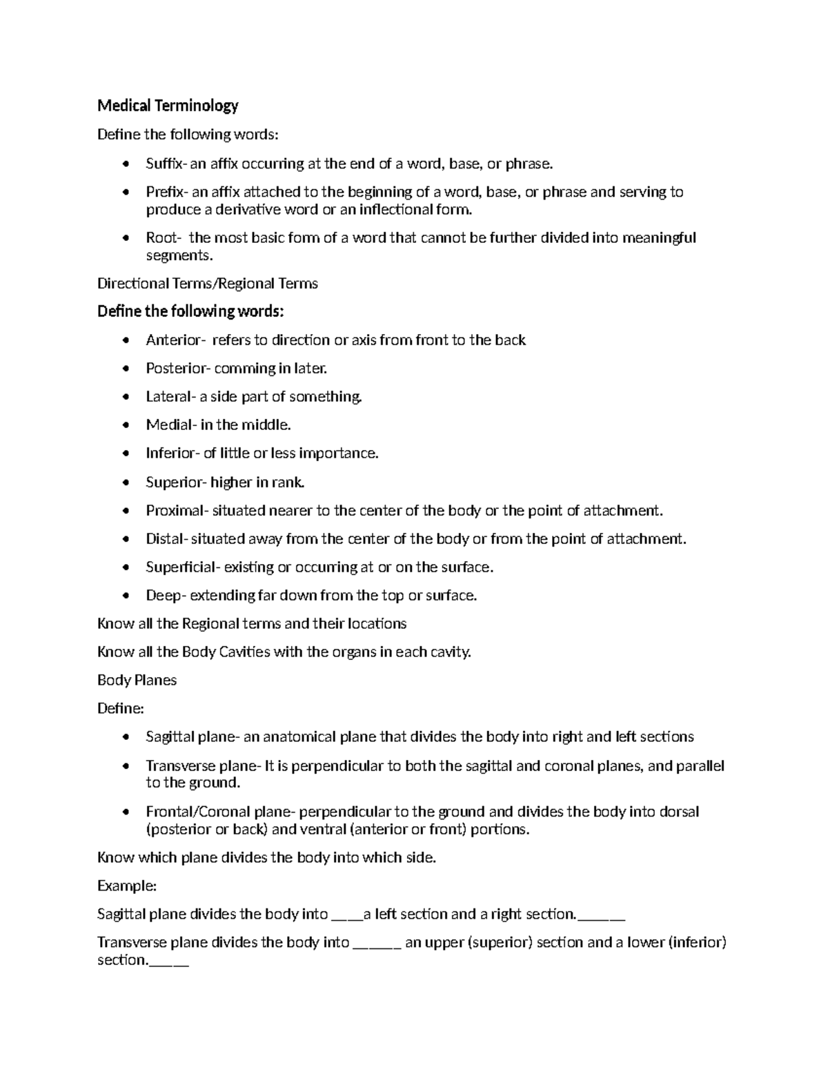 Midterm Study Guide Medical Terminology Define the following words