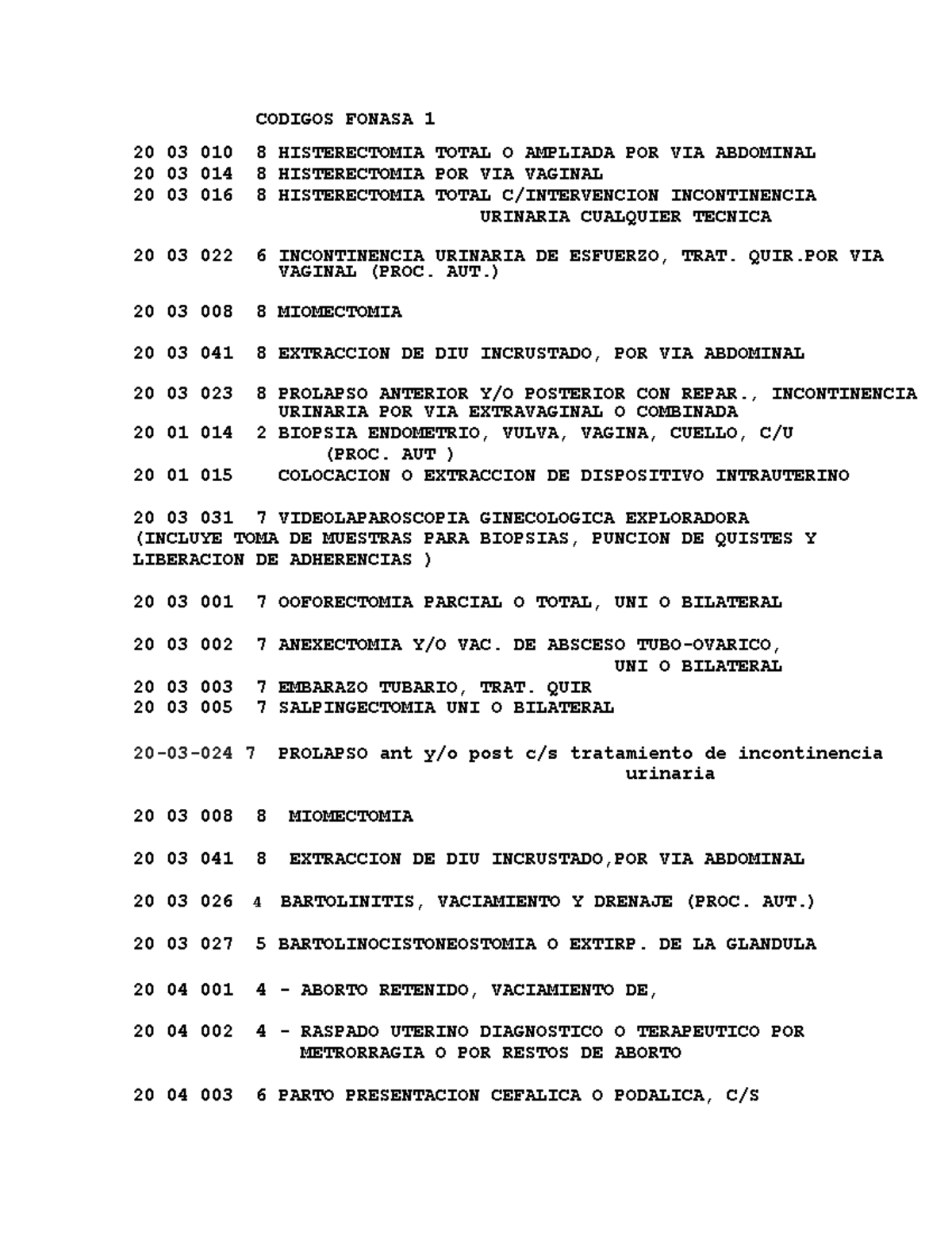 Codigos Fonasa 1 - curso - CODIGOS FONASA 1 20 03 010 8 HISTERECTOMIA ...