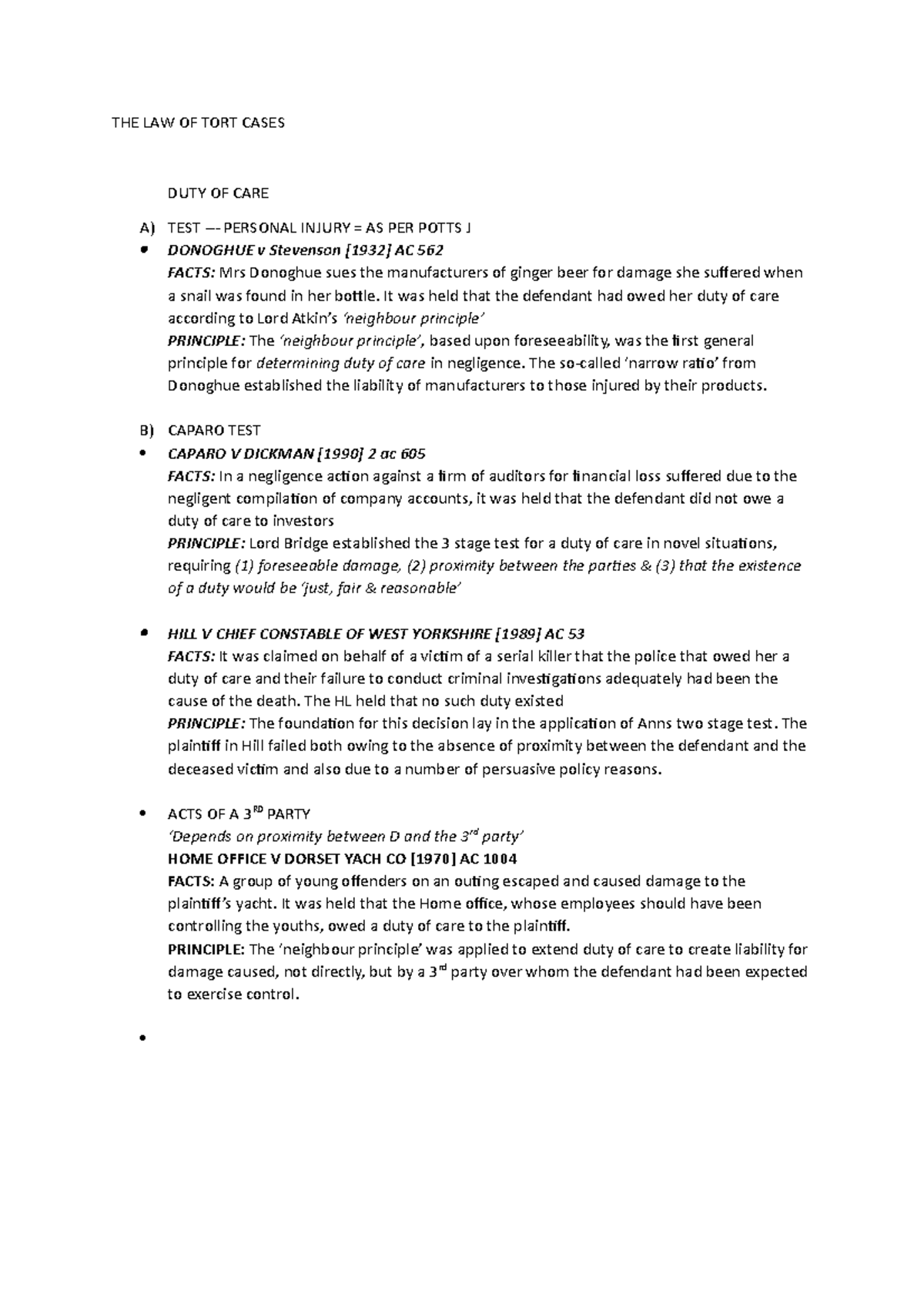 the law of tort some Cases - THE LAW OF TORT CASES DUTY OF CARE A) TEST ...