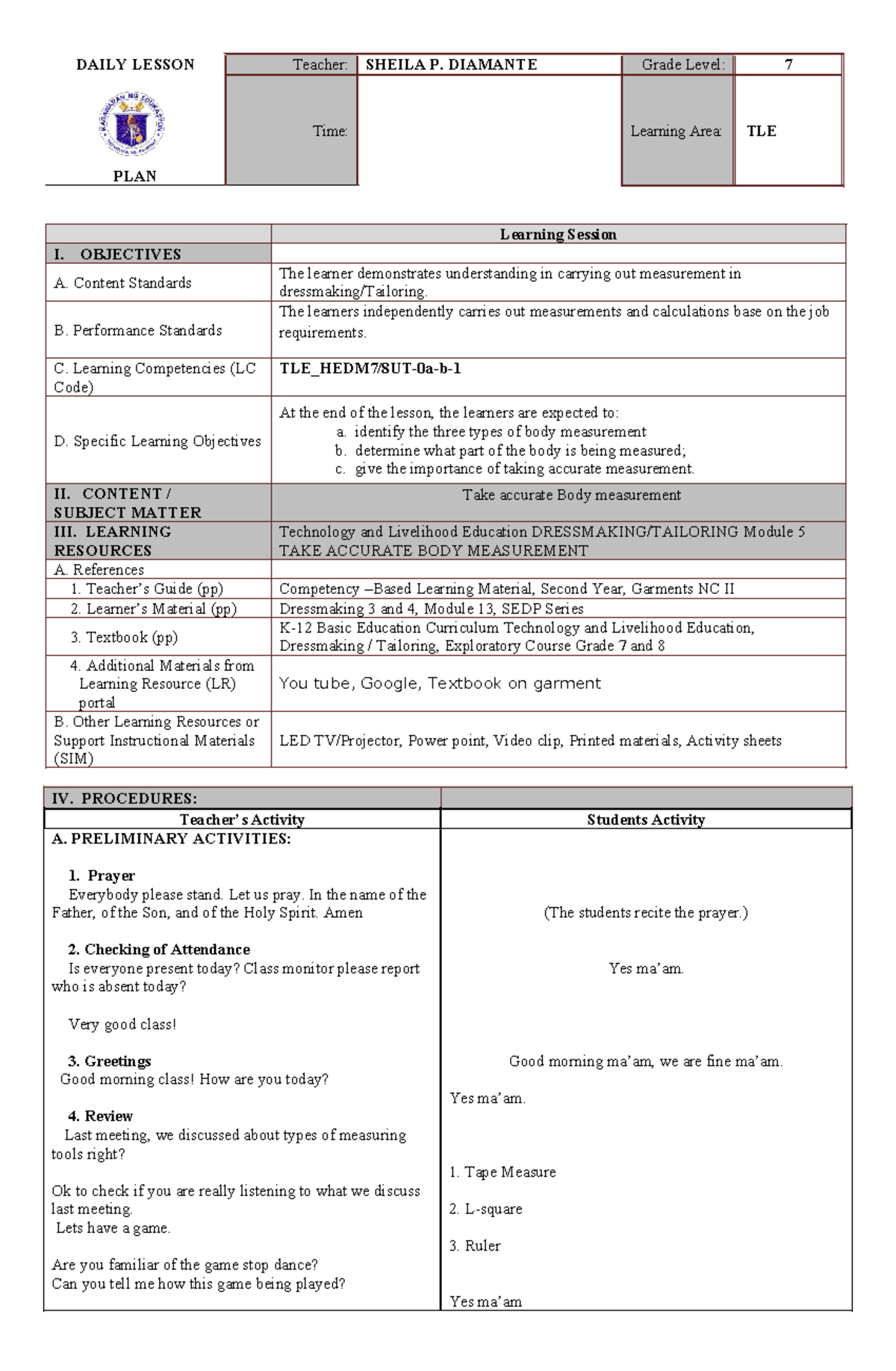 Diamante Ranking COT 2023 - DAILY LESSON PLAN Teacher: SHEILA P ...