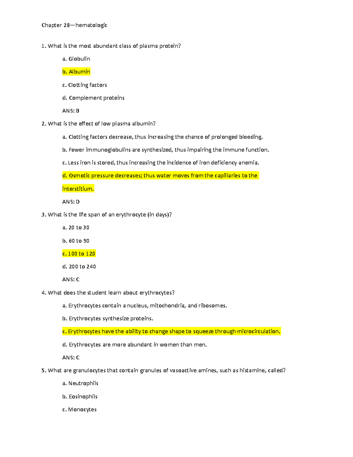 Chap 28 - notes - What is the most abundant class of plasma protein? a ...