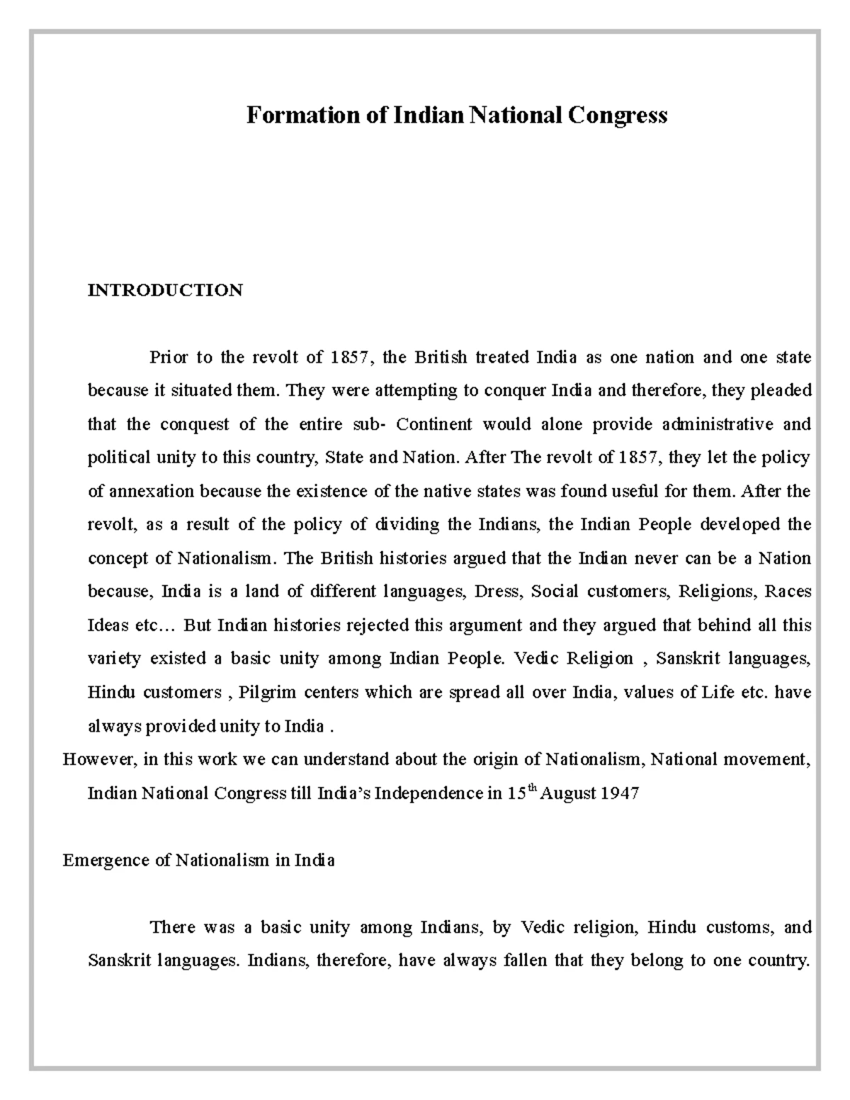 The growth of Indian National Congress - Formation of Indian National ...