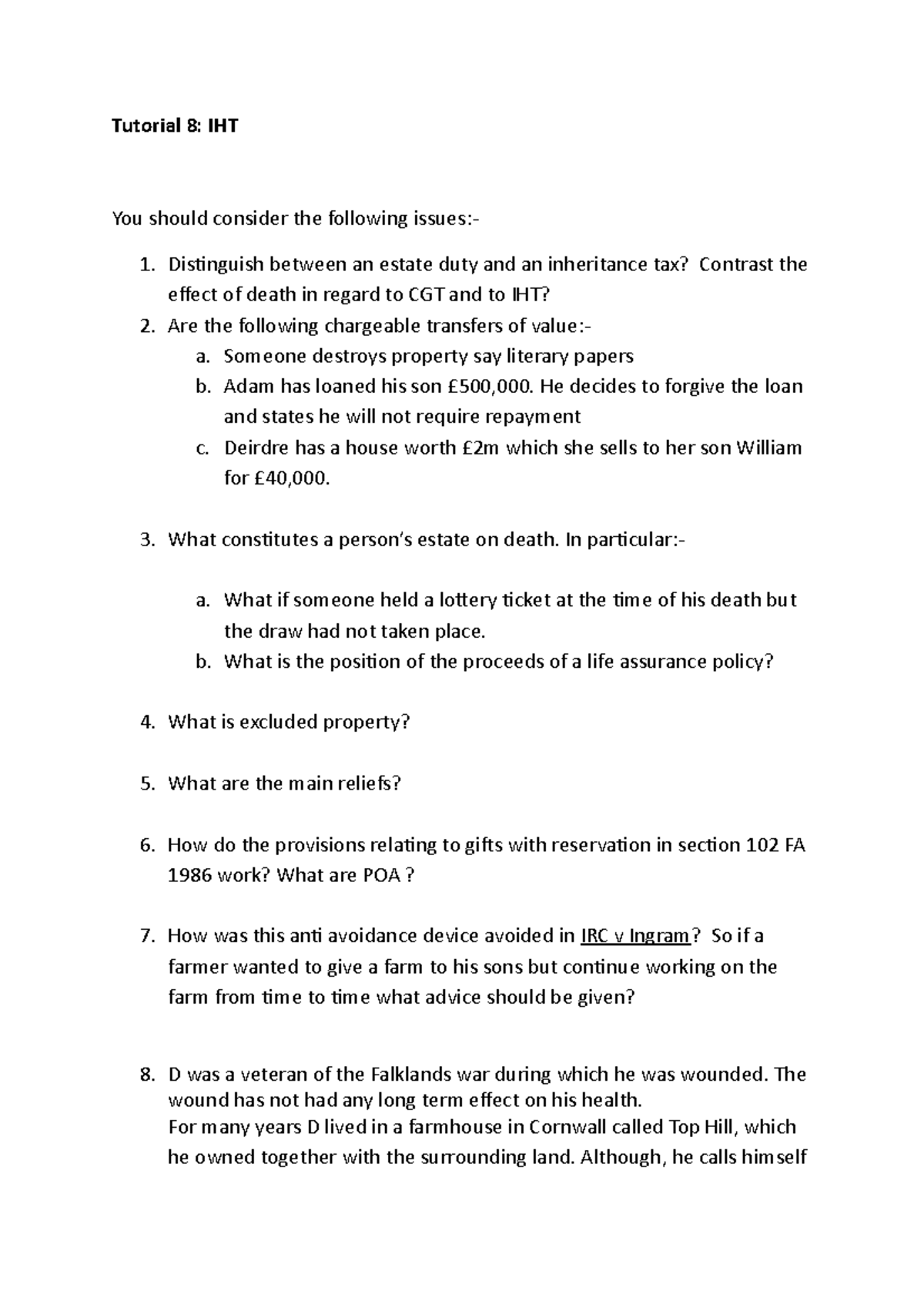 Tutorial 8 IHT 2022-23 - Tutorial 8: IHT You should consider the ...