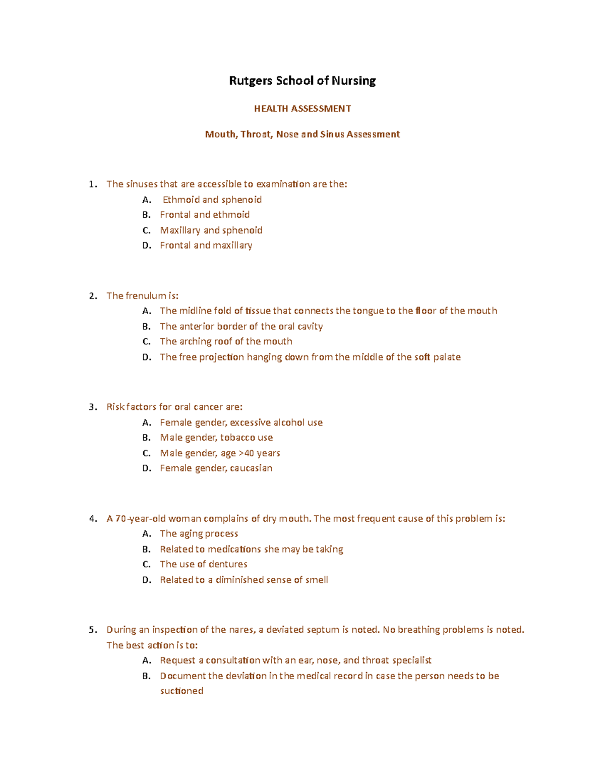 Mouth Throat Nose And Sinuses Questions - HEALTH ASSESSMENT Mouth ...