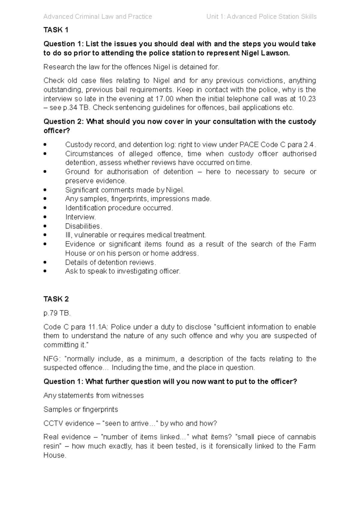 unit 1 task 1 and 2 - Advanced Criminal Law and Practice Unit 1 ...