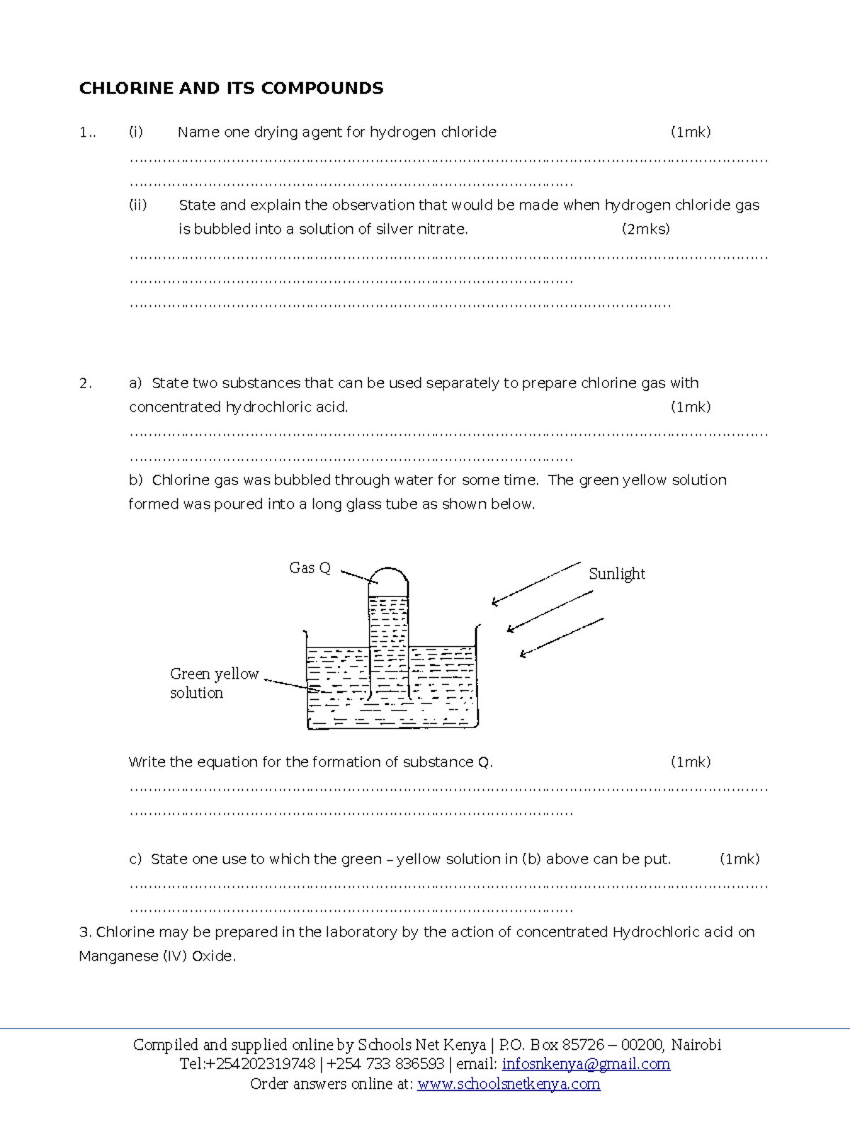 Chlorine and its compounds questions CHLORINE AND ITS COMPOUNDS 1