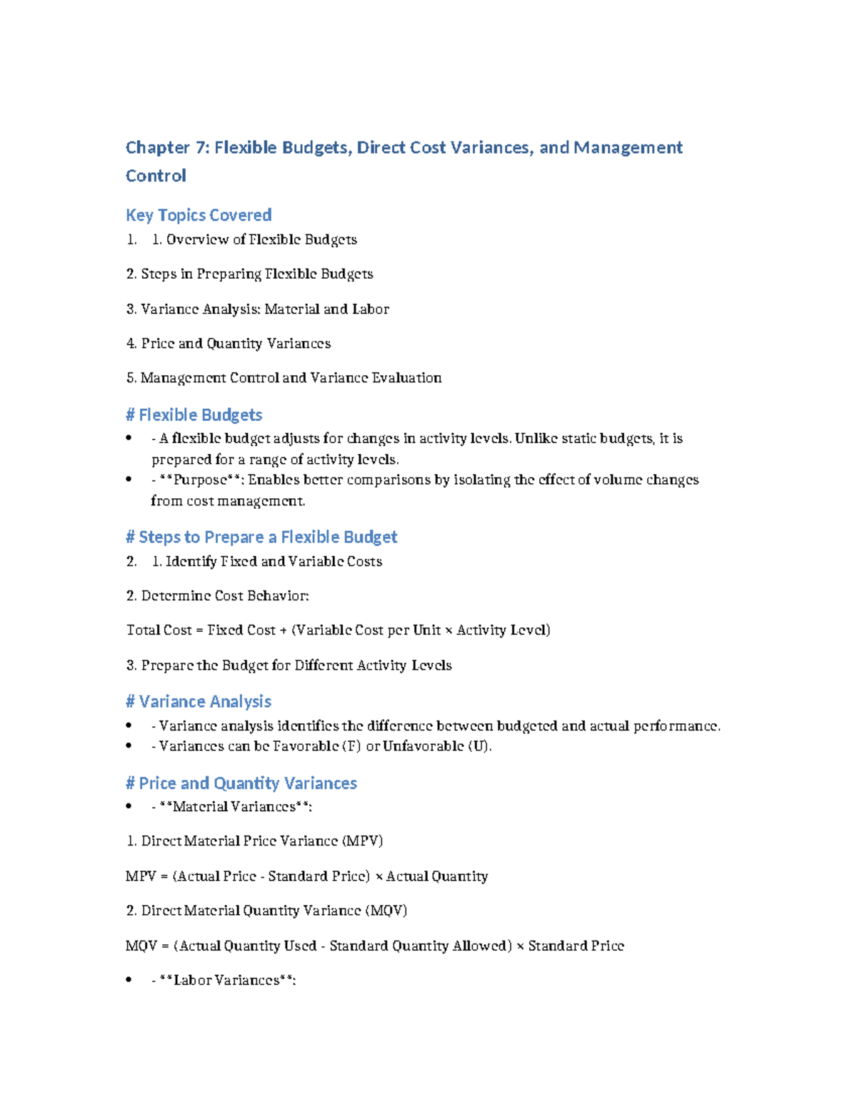 Flexible Budgets and Variance Notes - Chapter 7: Flexible Budgets ...