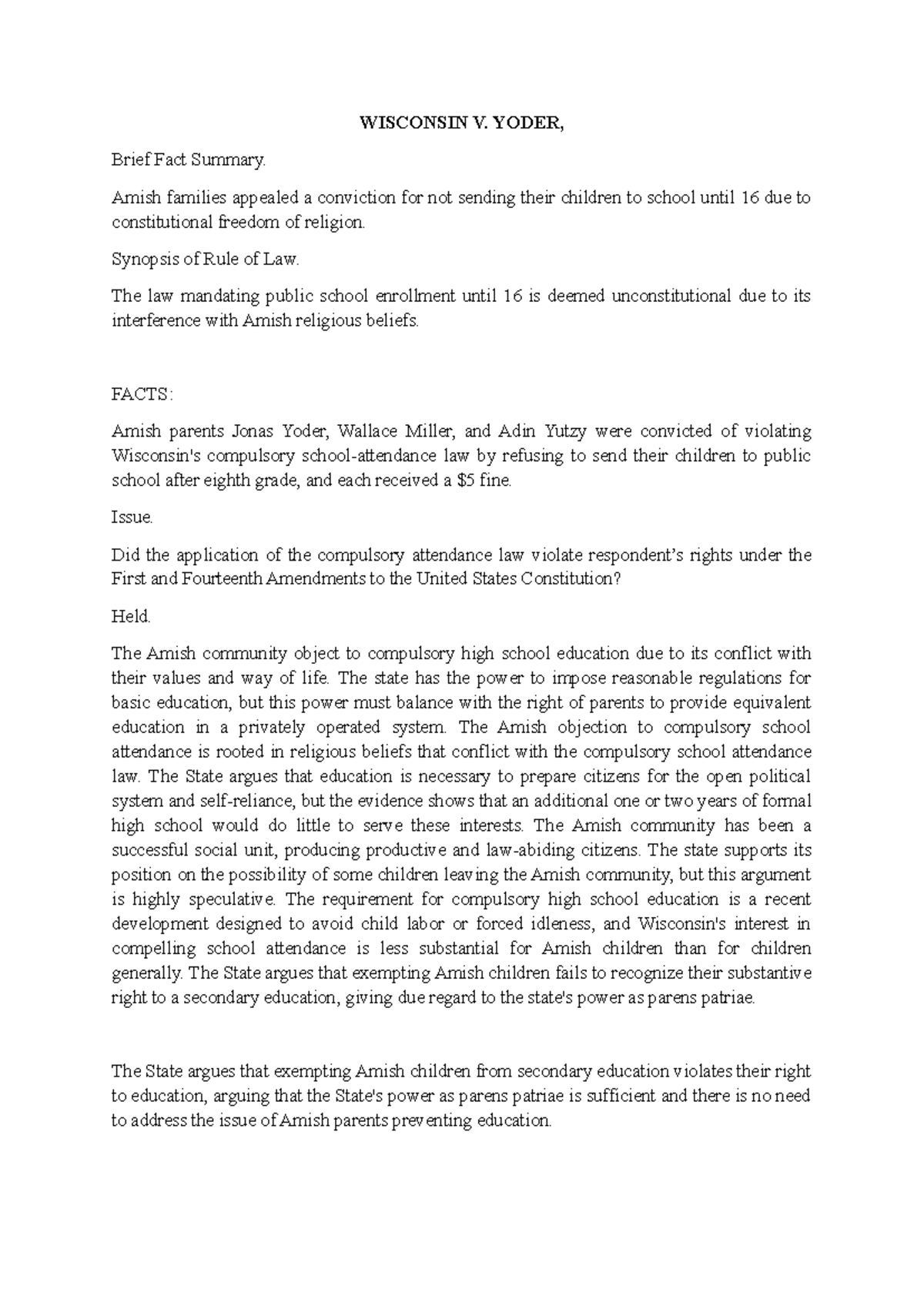 Wisconsin V. Yoder Summary Constitutional Law Ii WISCONSIN V. YODER