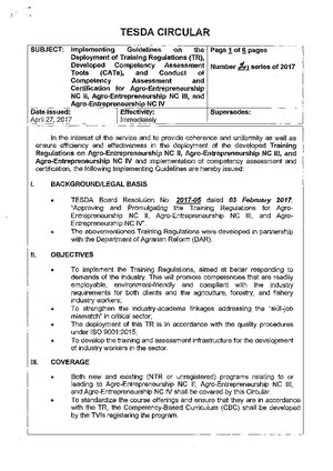 Tesda Circular No. 004-A-2024 - TESDA CIRCULAR Subject: Amendment to ...