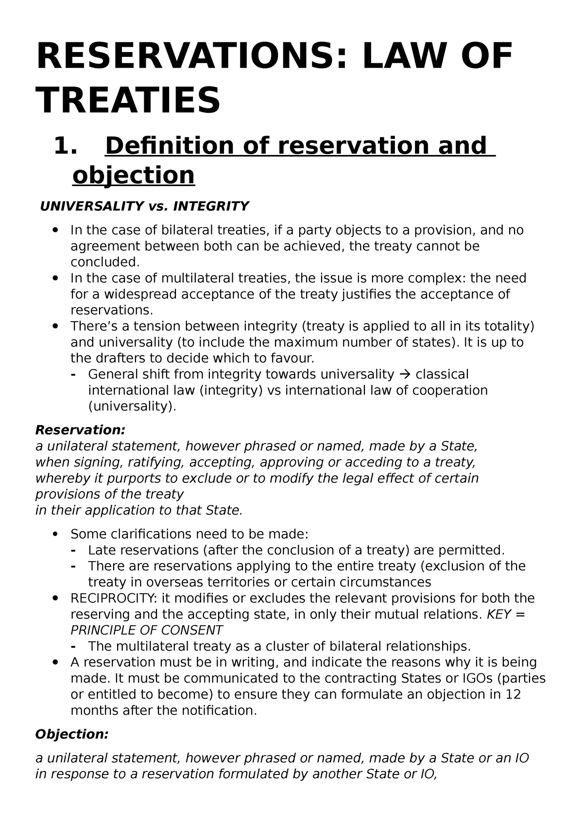 Reservations - Practica - RESERVATIONS: LAW OF TREATIES 1. Definition ...