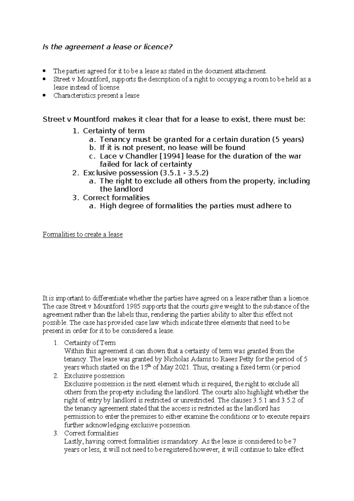 Land Law Notes Part 2 Draft Is the agreement a lease or licence? The