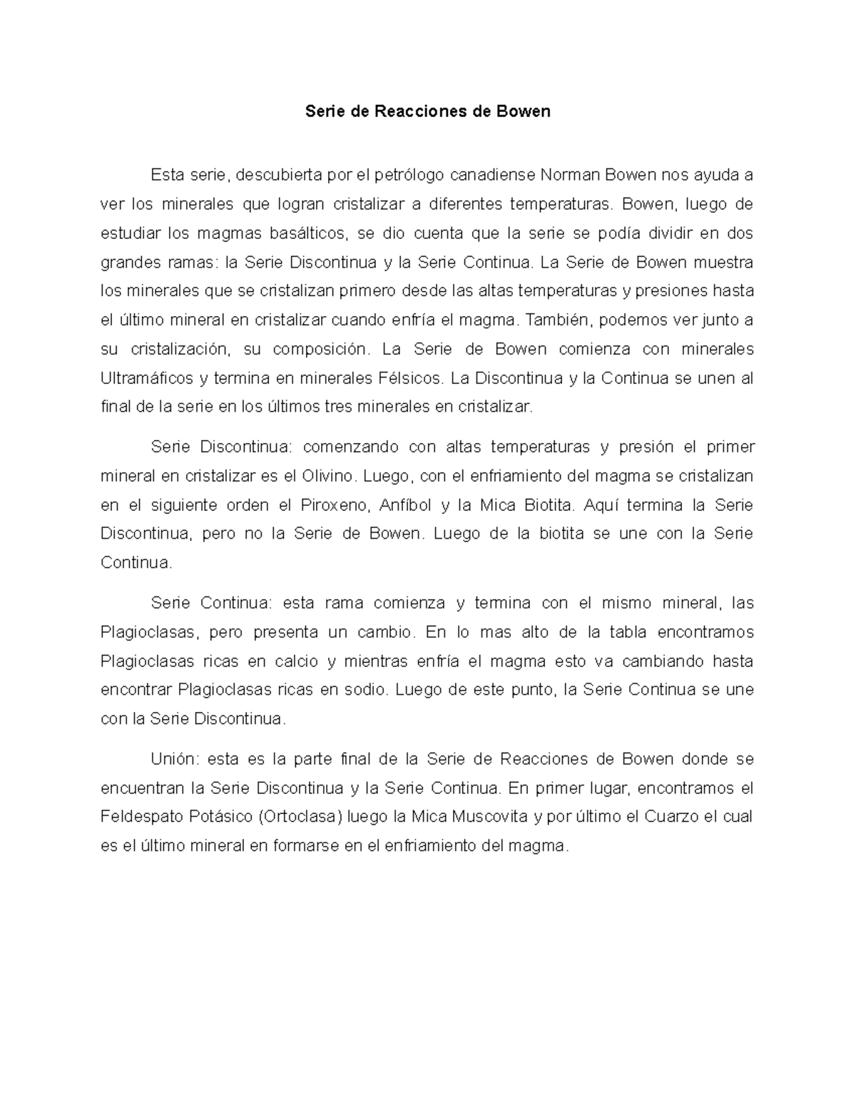Petrologia Serie de Bowen Serie de Reacciones de Bowen Esta serie