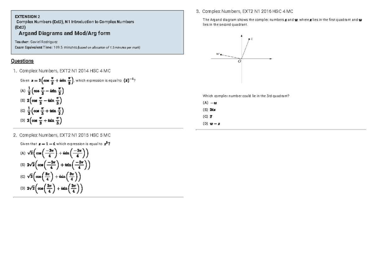 2. Argand Diagrams and Mod-Arg Form - 1. Complex Numbers, EXT2 N1 2014 ...