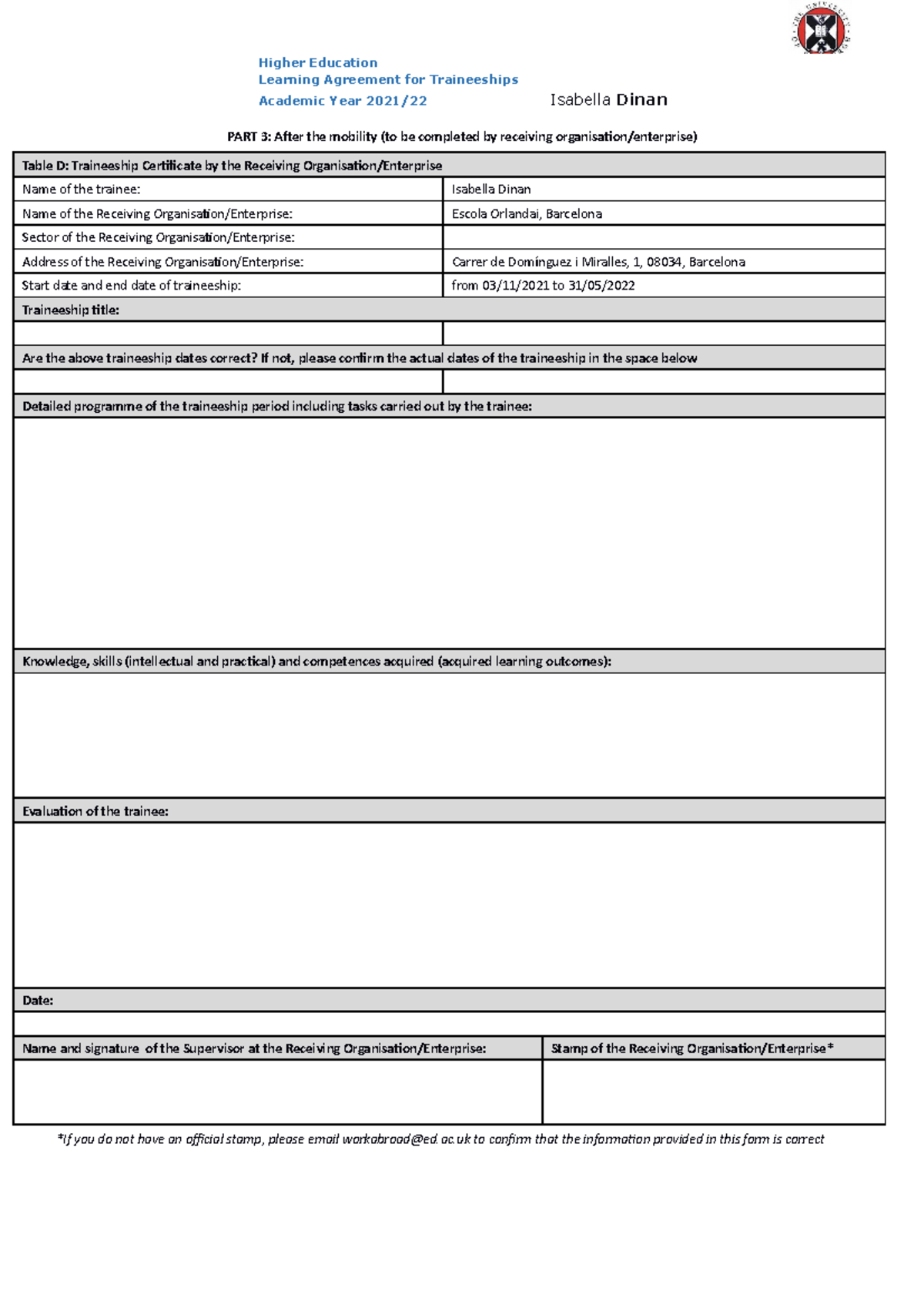 Traineeship certificate 202122 - Higher EducationLearning Agreement for ...