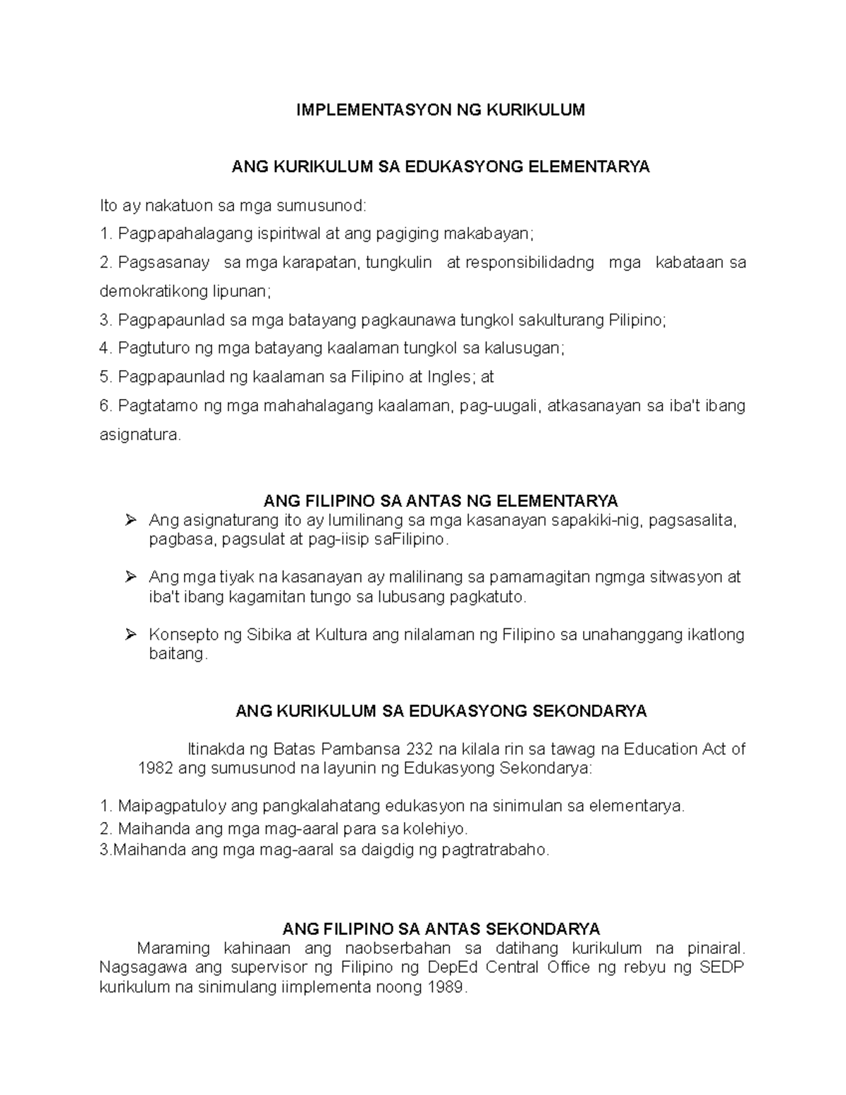 Implementasyon Ng Kurikulum Implementasyon Ng Kurikulum Ang