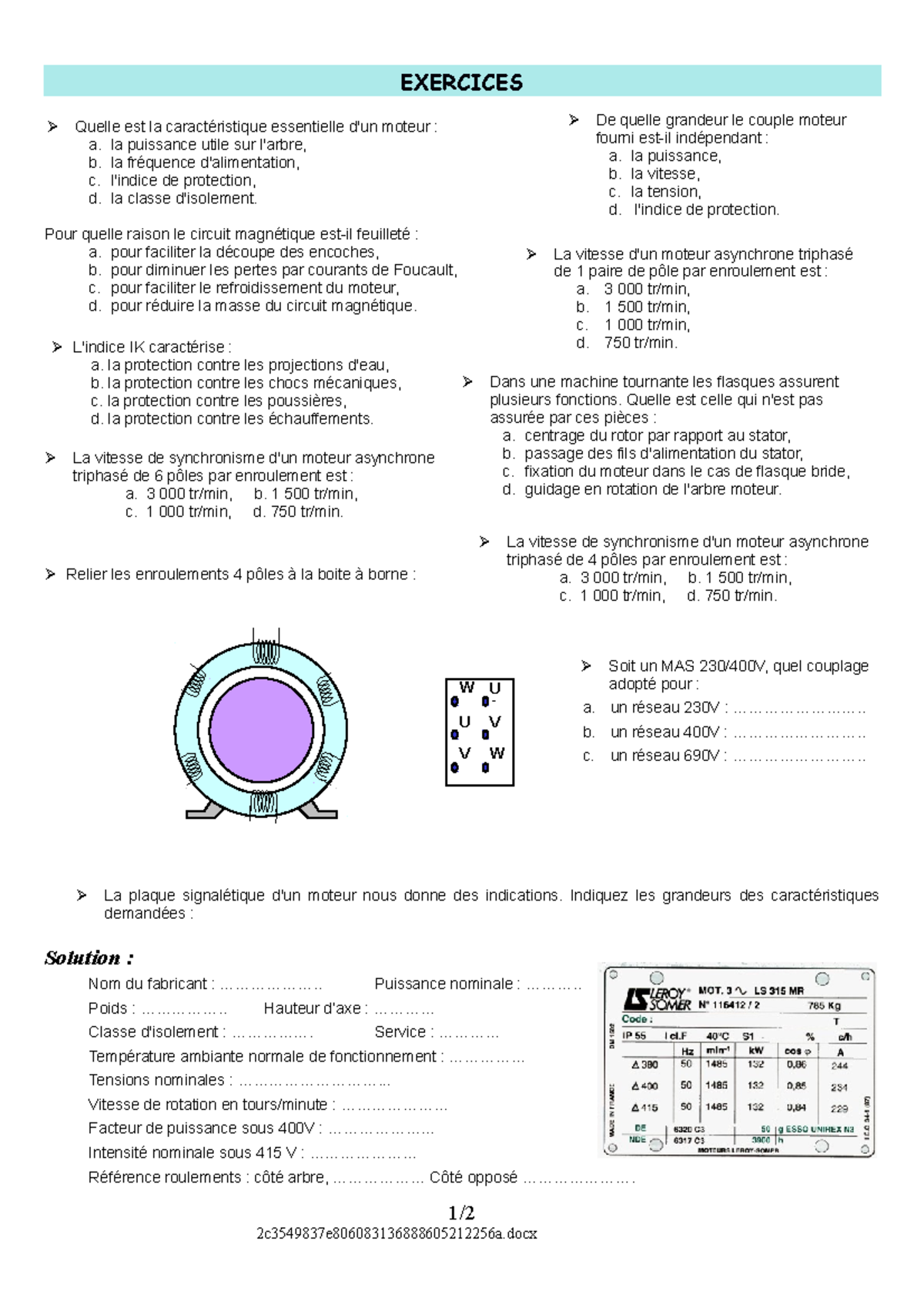 Exercices Moteur 3 - Cours - EXERCICES Quelle Est La Caractéristique ...