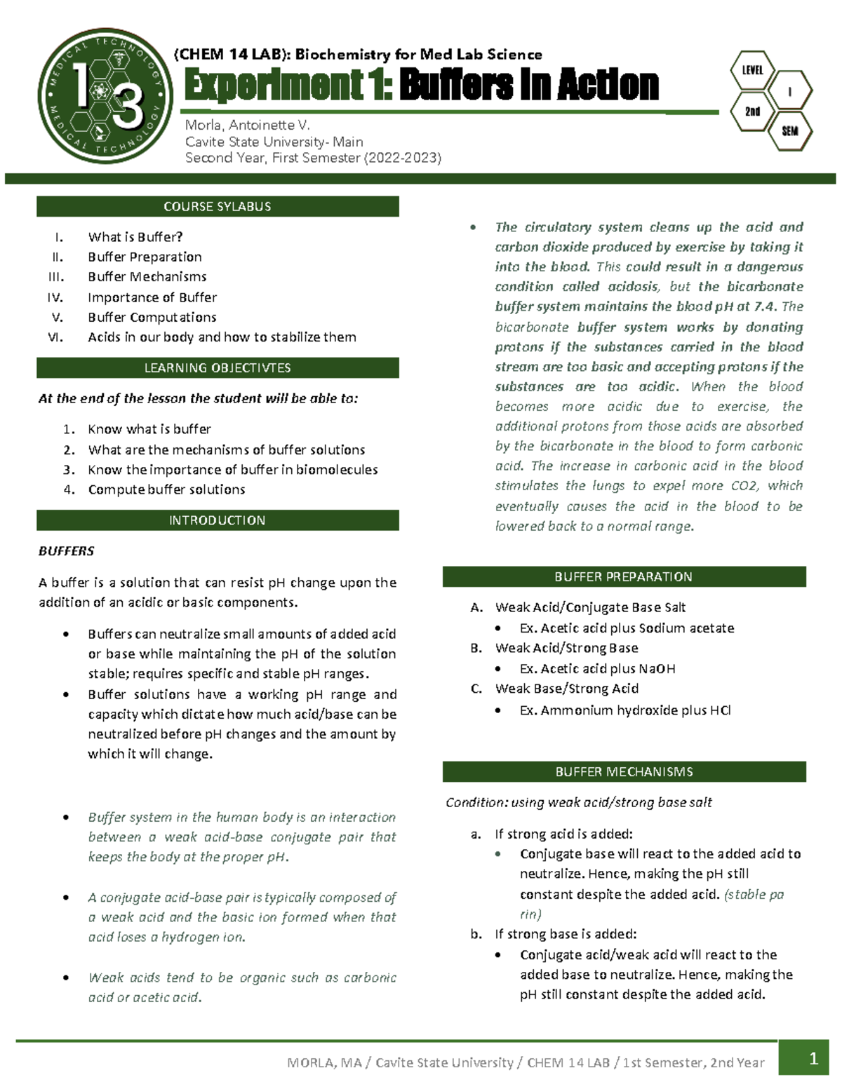 Updated Biochem LAB EXP 1 10 - (CHEM 14 LAB): Biochemistry for Med Lab ...