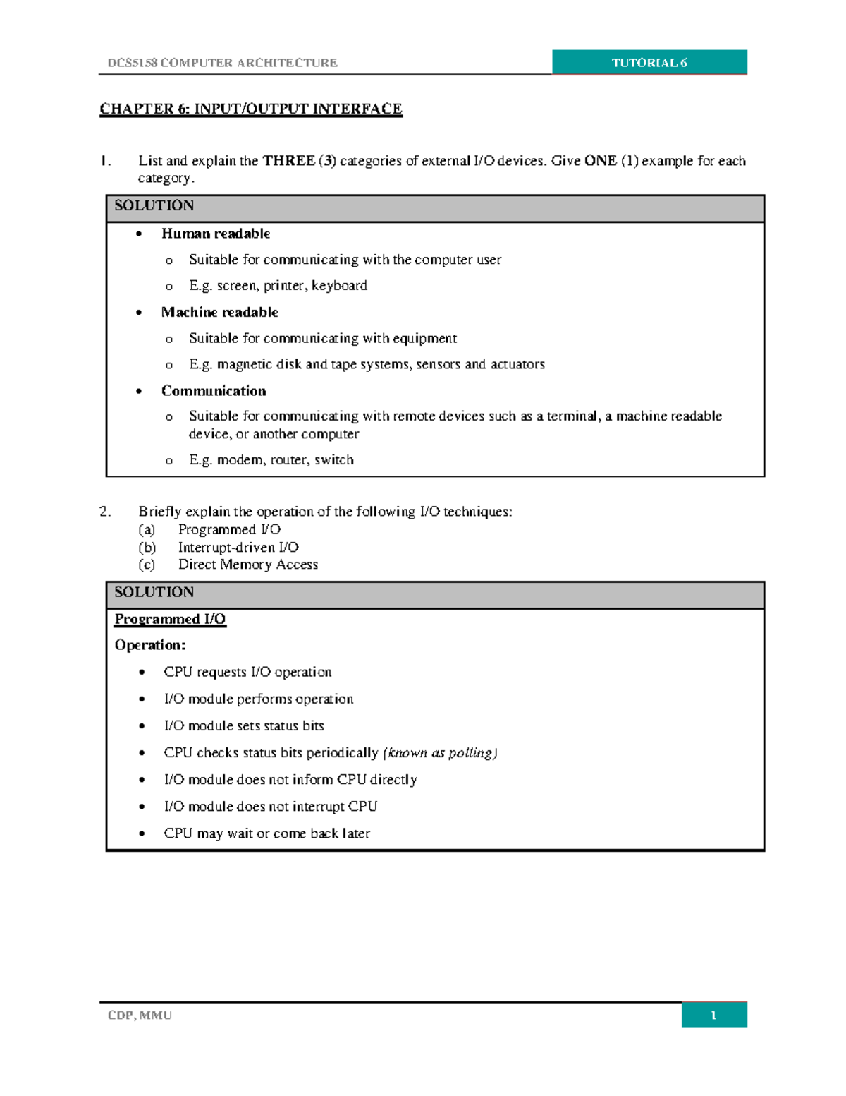 Tutorial 6 Sol DCS5158 COMPUTER ARCHITECTURE TUTORIAL 6 CHAPTER 6