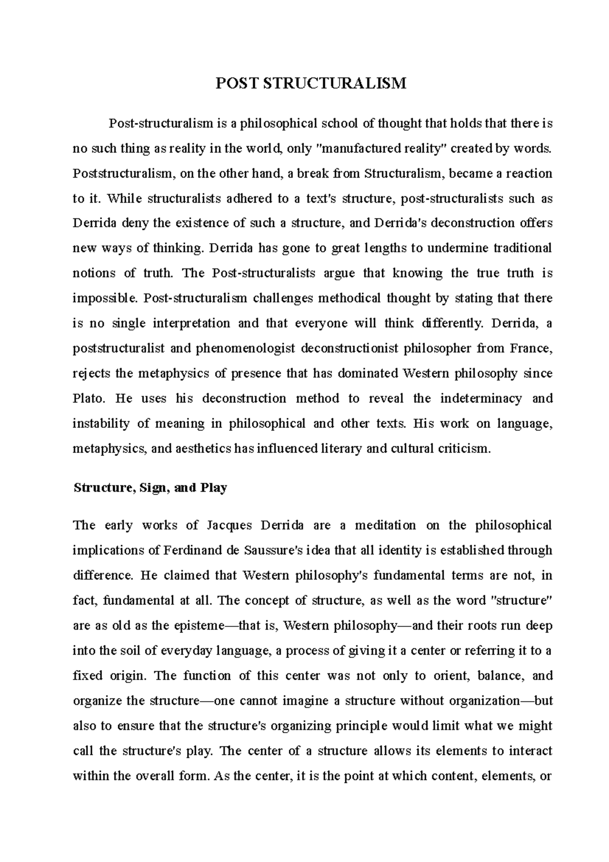 Post Structuralism Lecture notes 1 POST STRUCTURALISM Post