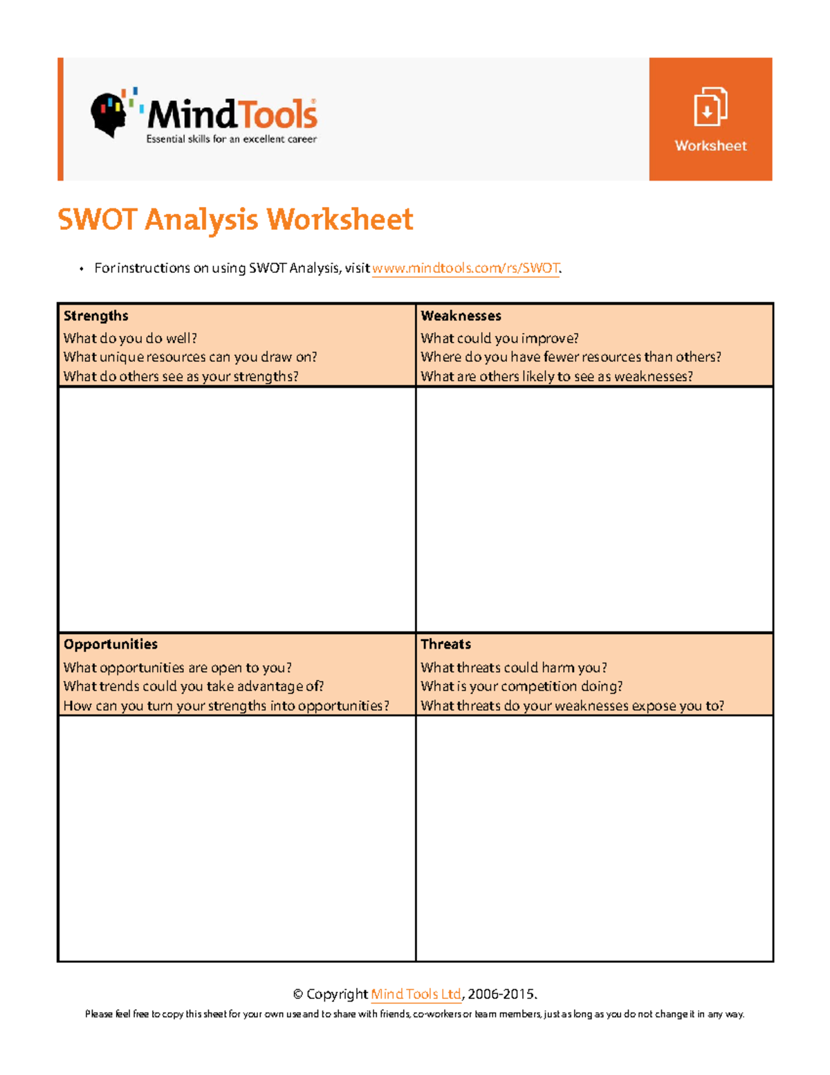 Swotanalysis Worksheet - SWOT Analysis Worksheet © Copyright Mind Tools ...