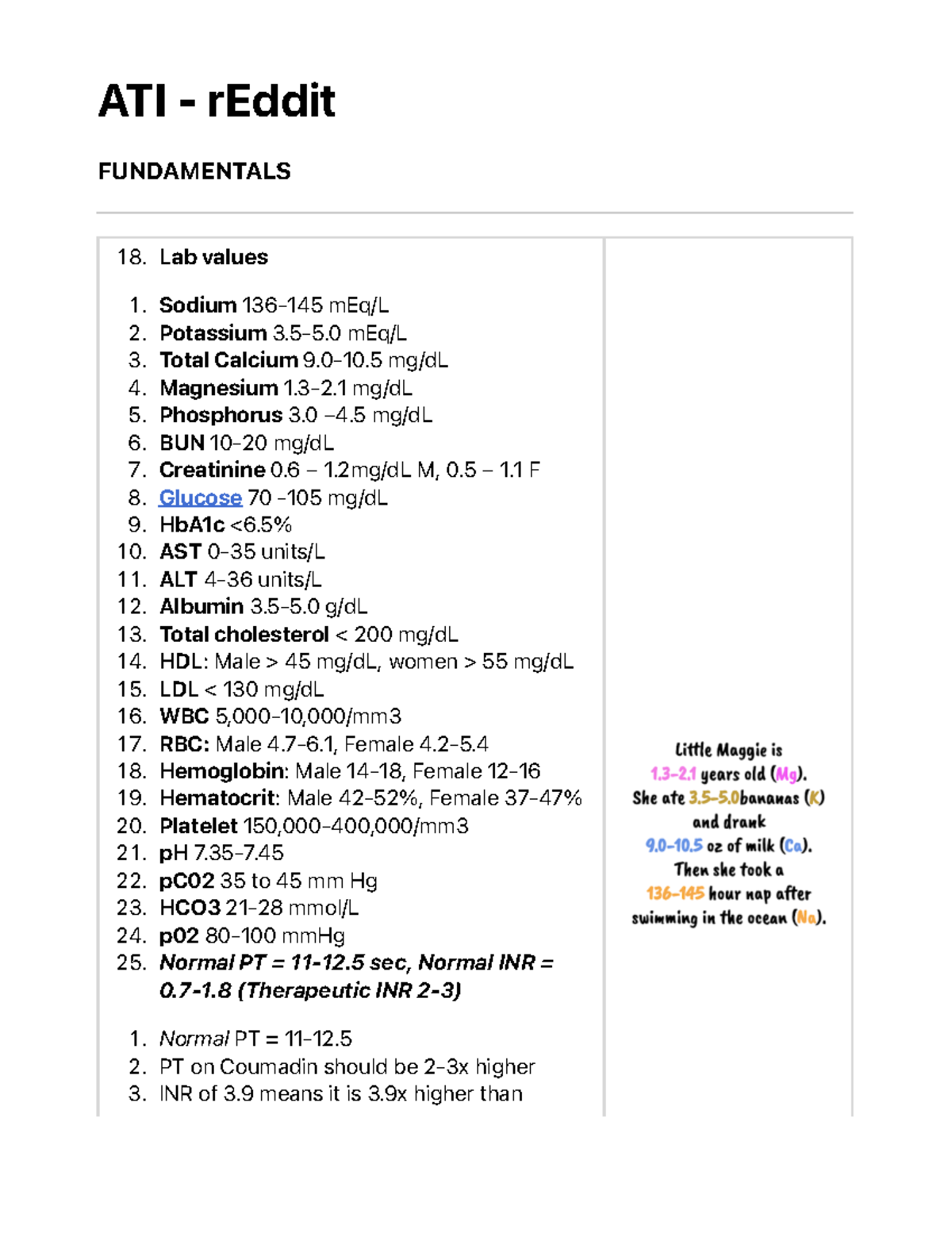 ATI r Eddit 2 Lab values, study guide. ATI rEddit FUNDAMENTALS