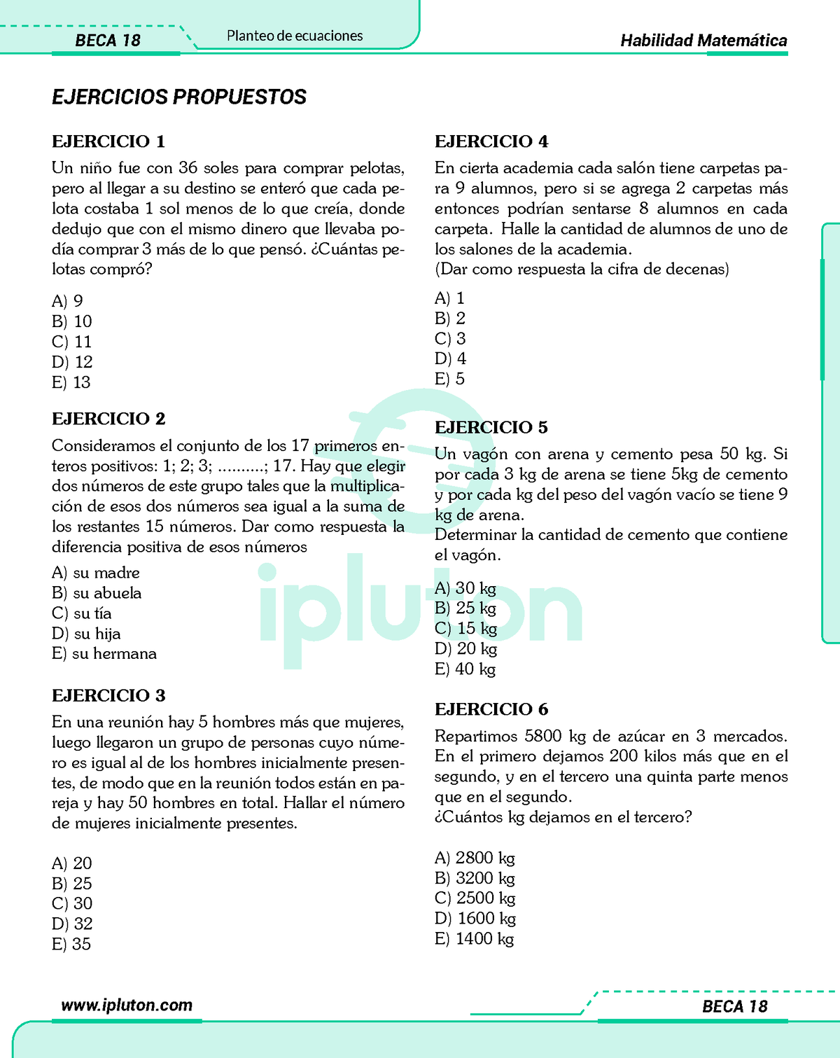 Semana 1 - HAB MAT - Planteo De Ecuaciones - Ipluton BECA 18 BECA 18 ...