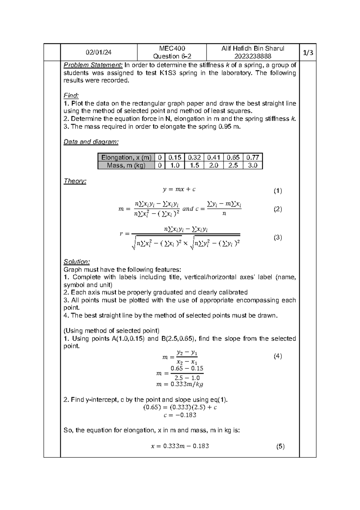 Assignment 3 MEC400 - 02/01/ Question 6 - 2 2023238888 1 / 3 Problem ...