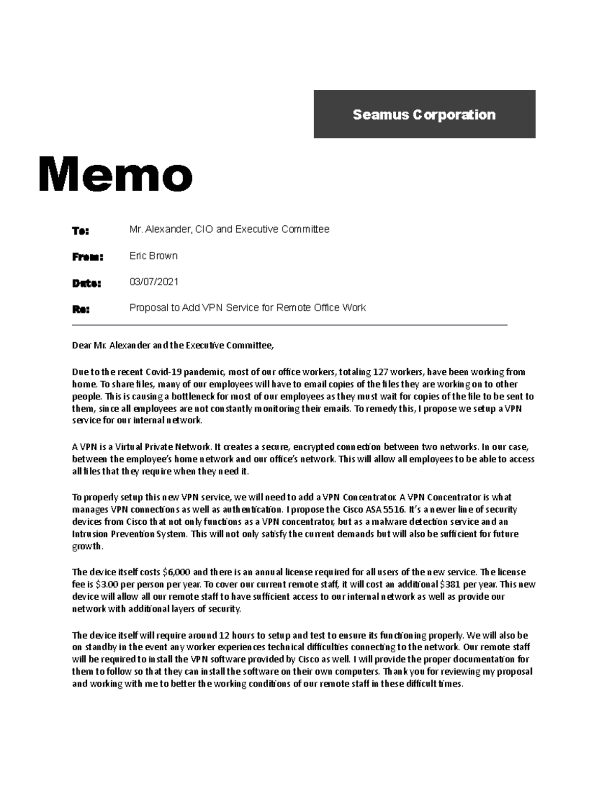 WGU C768 Task 1 - Seamus Corporation Memo To: Mr. Alexander, CIO and ...