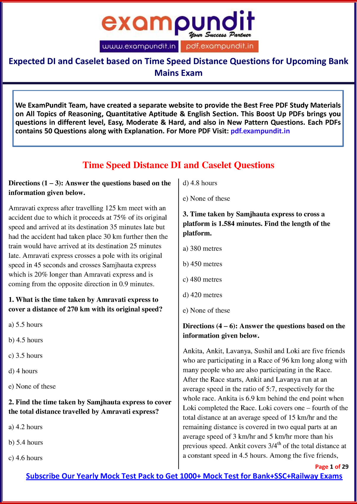 Expected Di And Caselet Questions Based On Time Speed Distance For Sbi ...