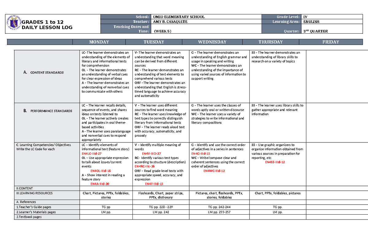 DLL English 4 Q3 W5 - GRADES 1 to 12 DAILY LESSON LOG School: OMIO ...