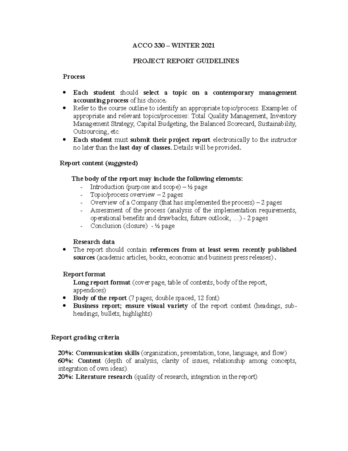 ACCO 330 - Project Report - Winter 2021 - ACCO 330 – WINTER 2021 ...