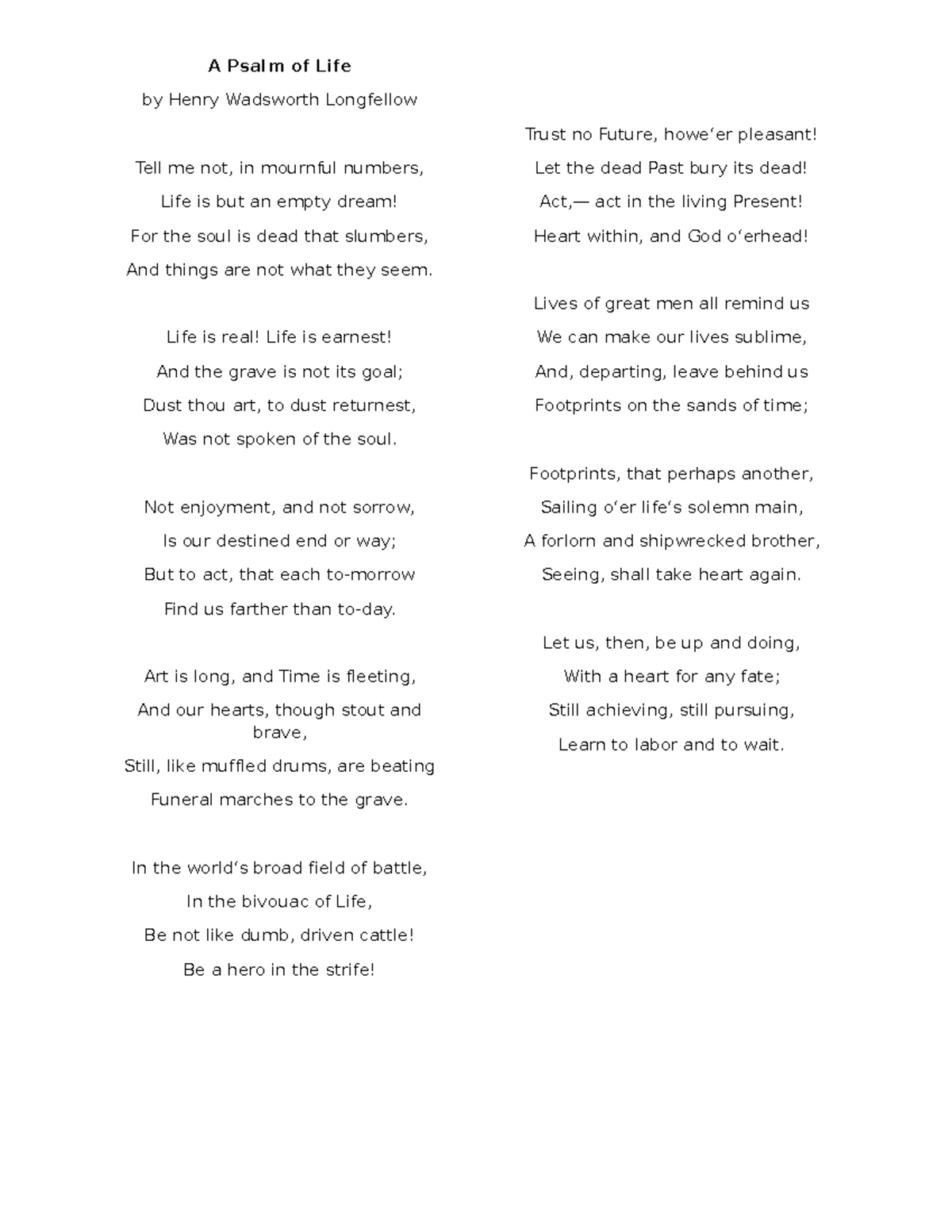 Psalm of Life - Poem - A Psalm of Life by Henry Wadsworth Longfellow ...