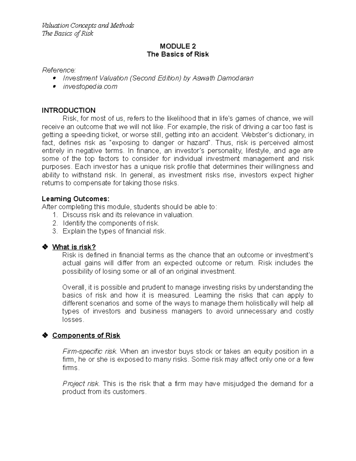 Module 2 The Basics Of Risk In The Business The Basics Of Risk