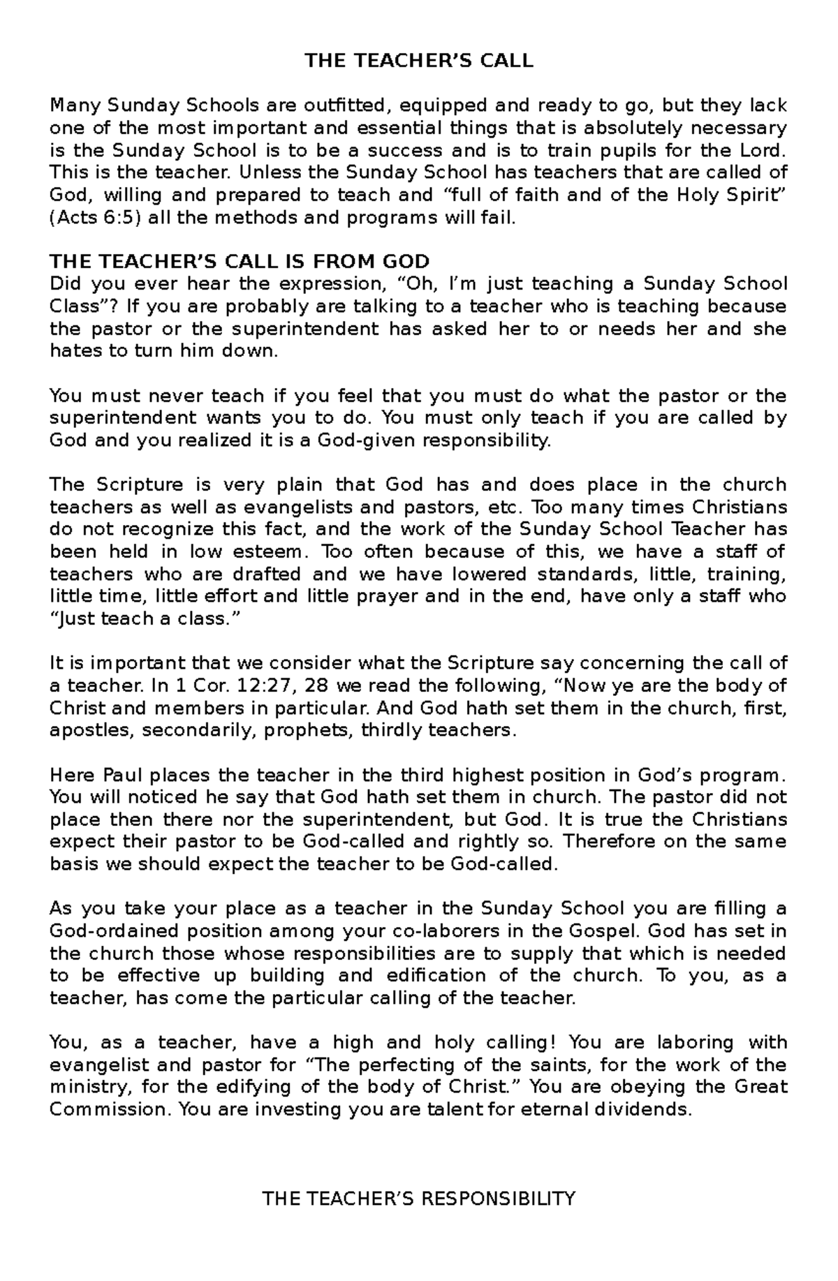 Sunday School - The Teacher's Calling And Responsibilities - The 