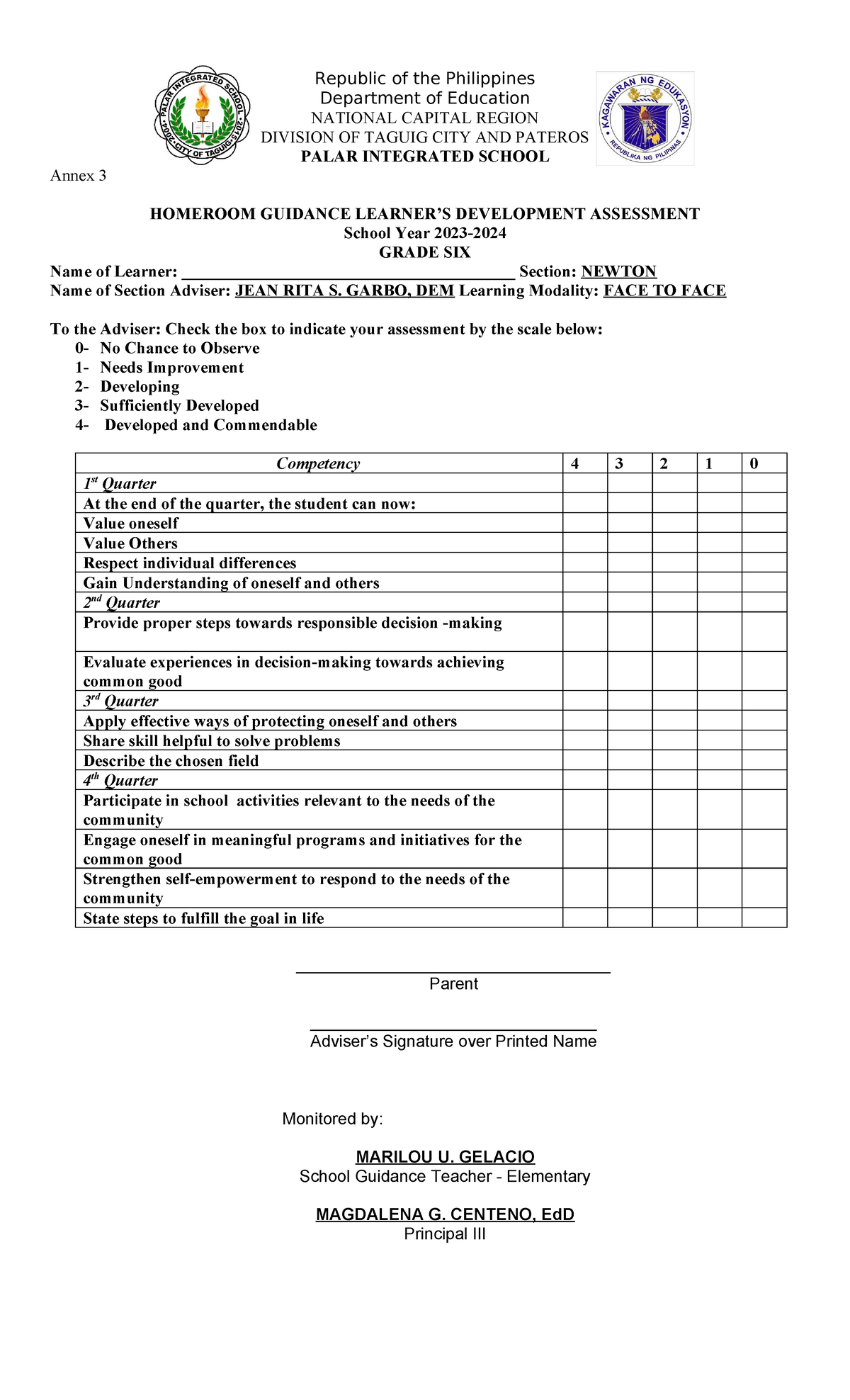 Homeroom Guidance Form S - Republic of the Philippines Department of ...