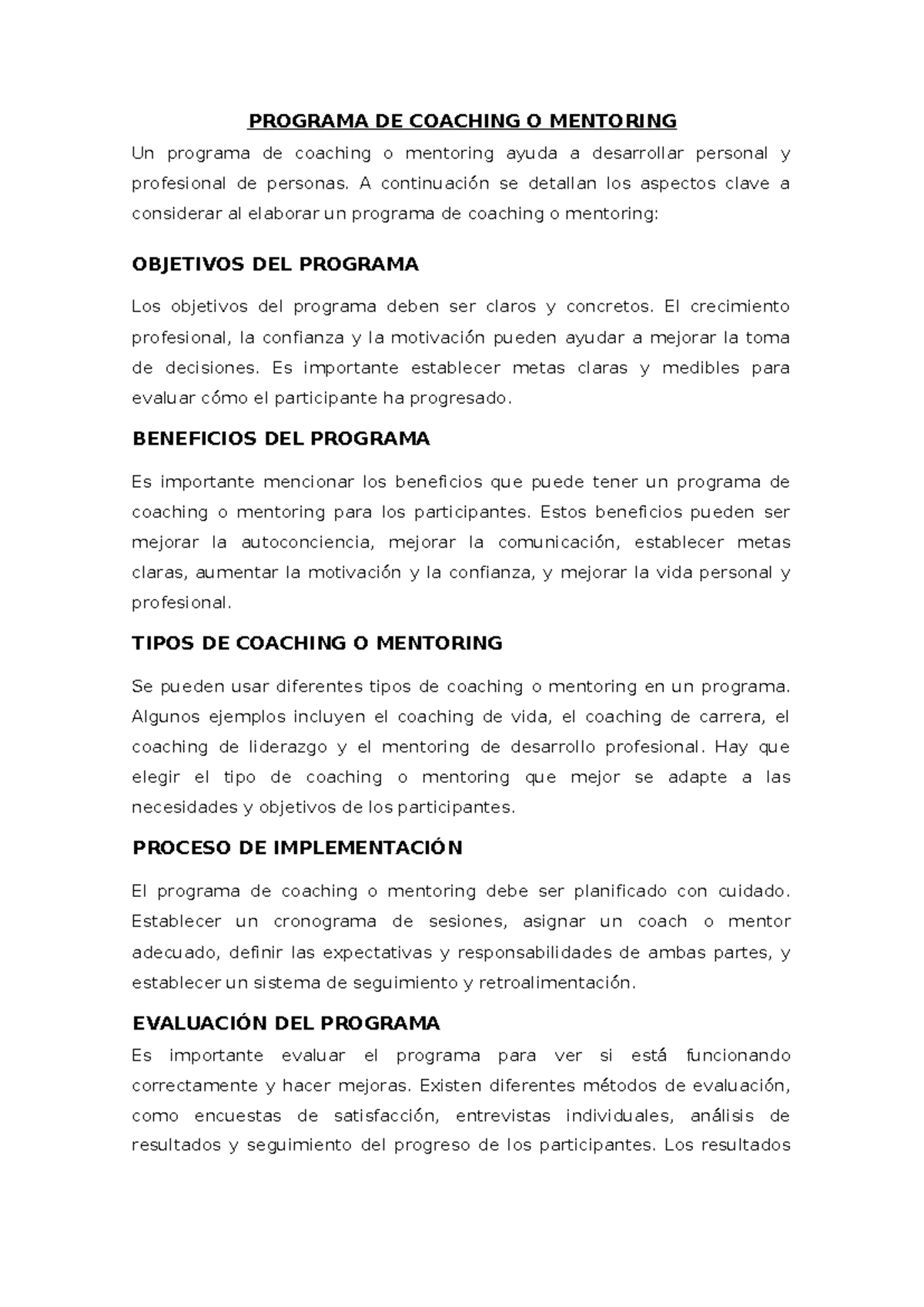Programa DE Coaching O Mentoring - PROGRAMA DE COACHING O MENTORING Un ...