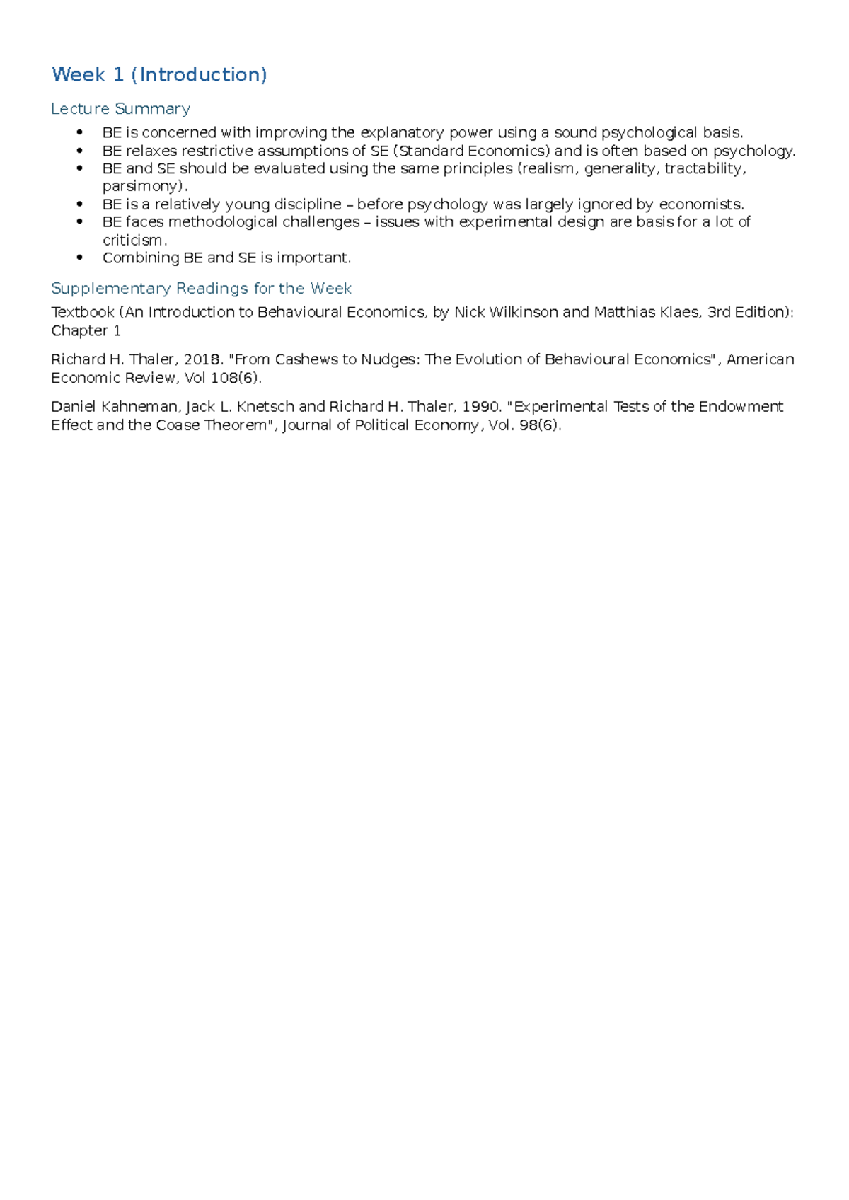 EFB332 Week 1 Introdution - Week 1 (Introduction) Lecture Summary BE is ...