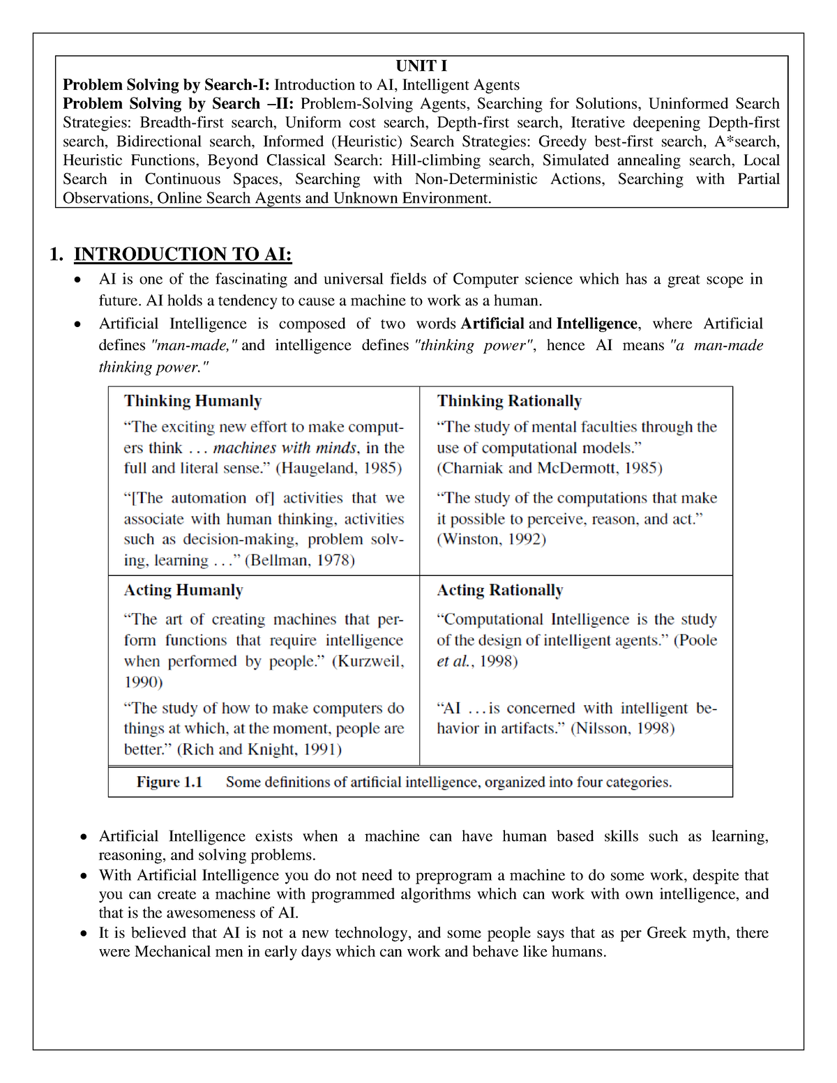 Unit I notes - Artificial Intelligence - UNIT I Problem Solving by ...