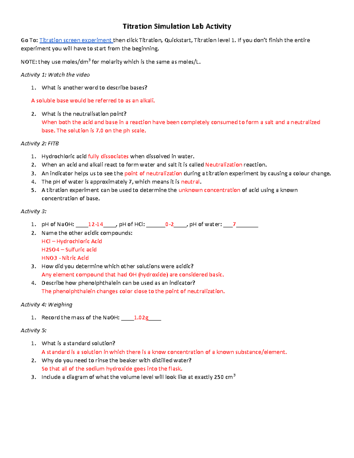 SCH3U Titration Assignment 2021 Titration Simulation Lab Activity Go