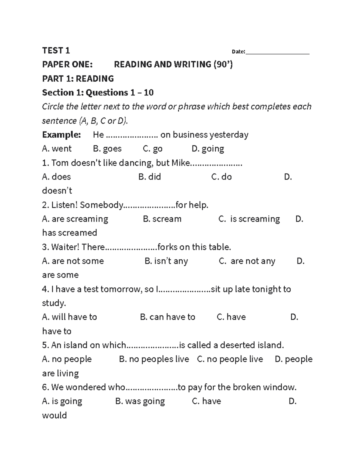 test-b1-test-1-date-paper-one