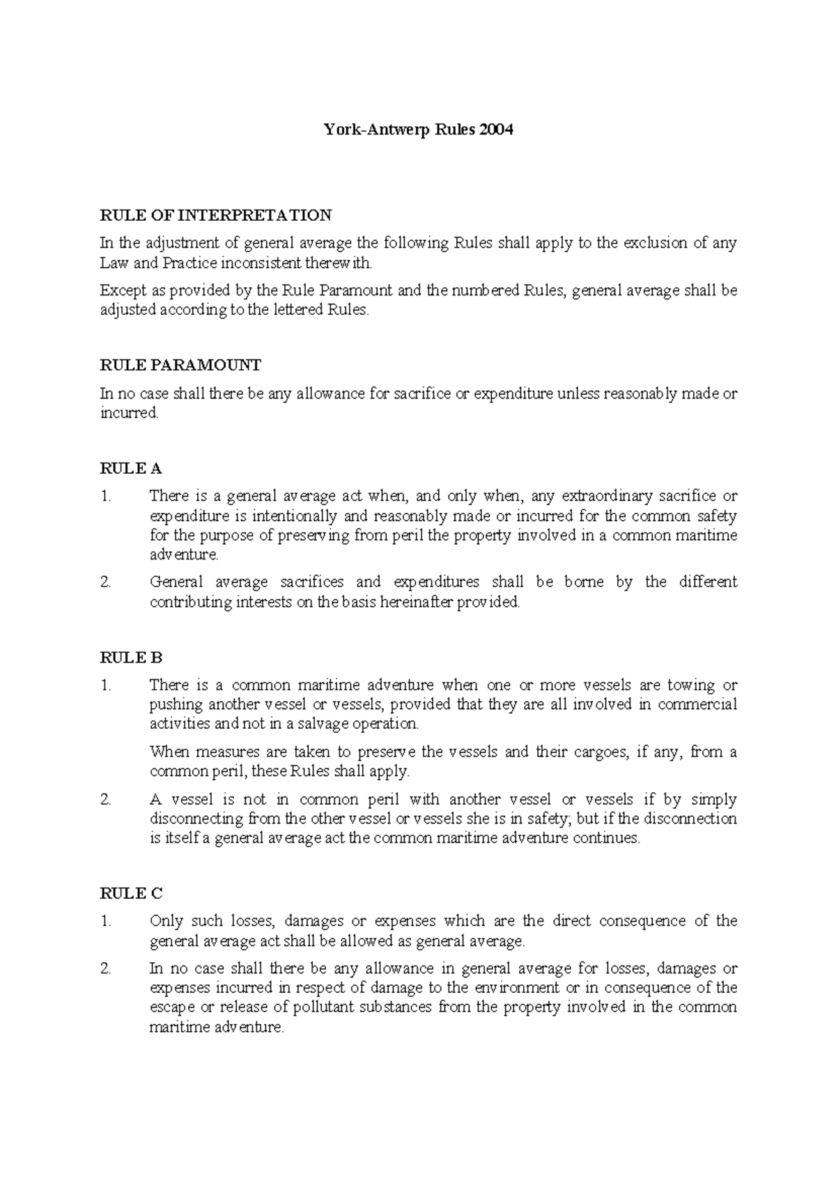 York Antw 2004 Laws YorkAntwerp Rules 2004 RULE OF INTERPRETATION