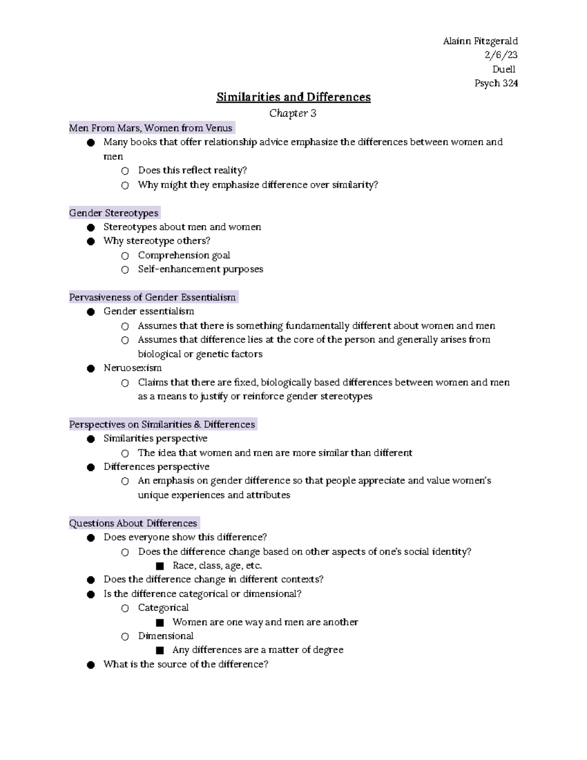 324 Ch. 3 - Chapter 3 notes for psych of gender - 2/6/ Duell Psych 324 ...
