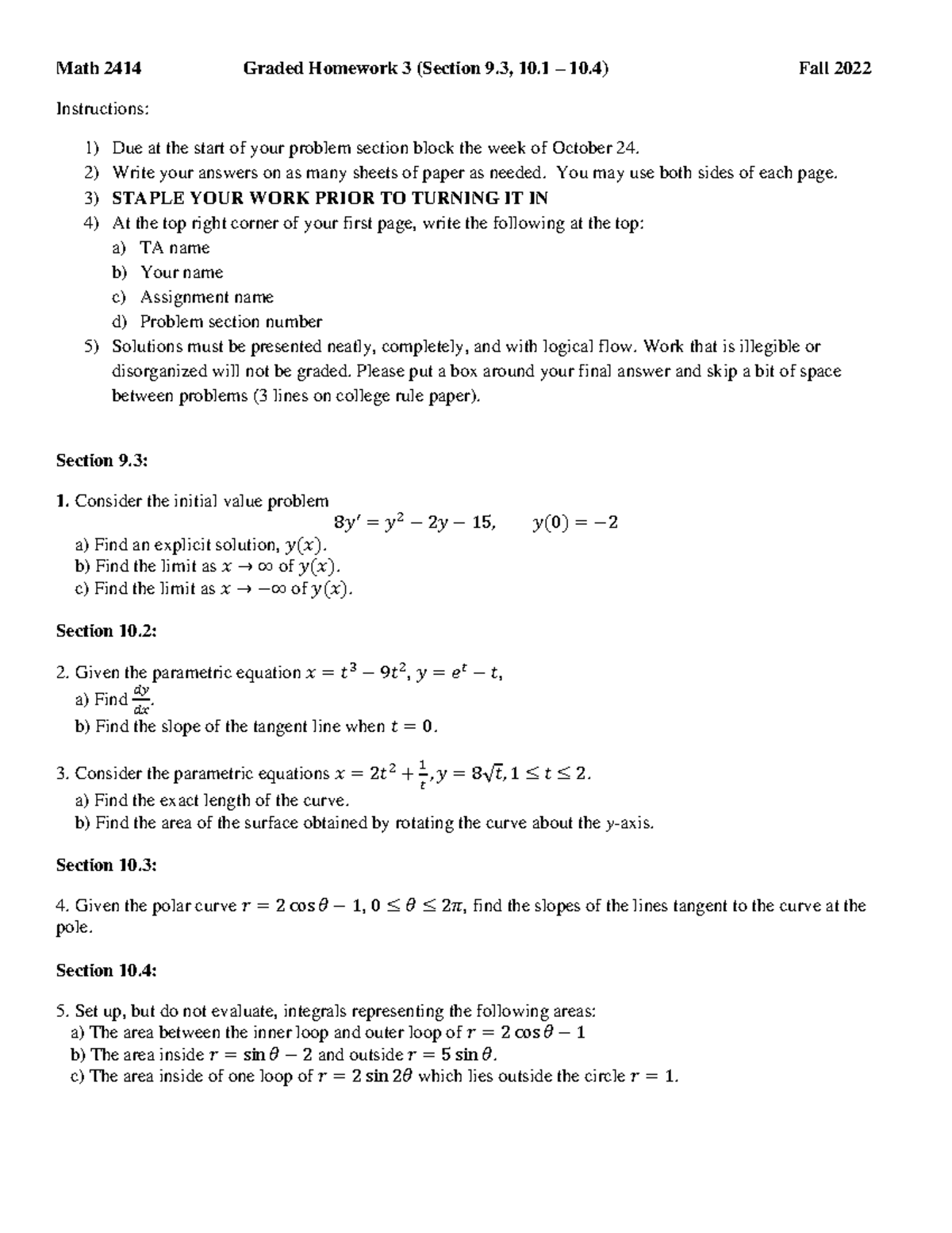 2414 GHW 3 F22 - assignment - Math 2414 Graded Homework 3 (Section 9 ...