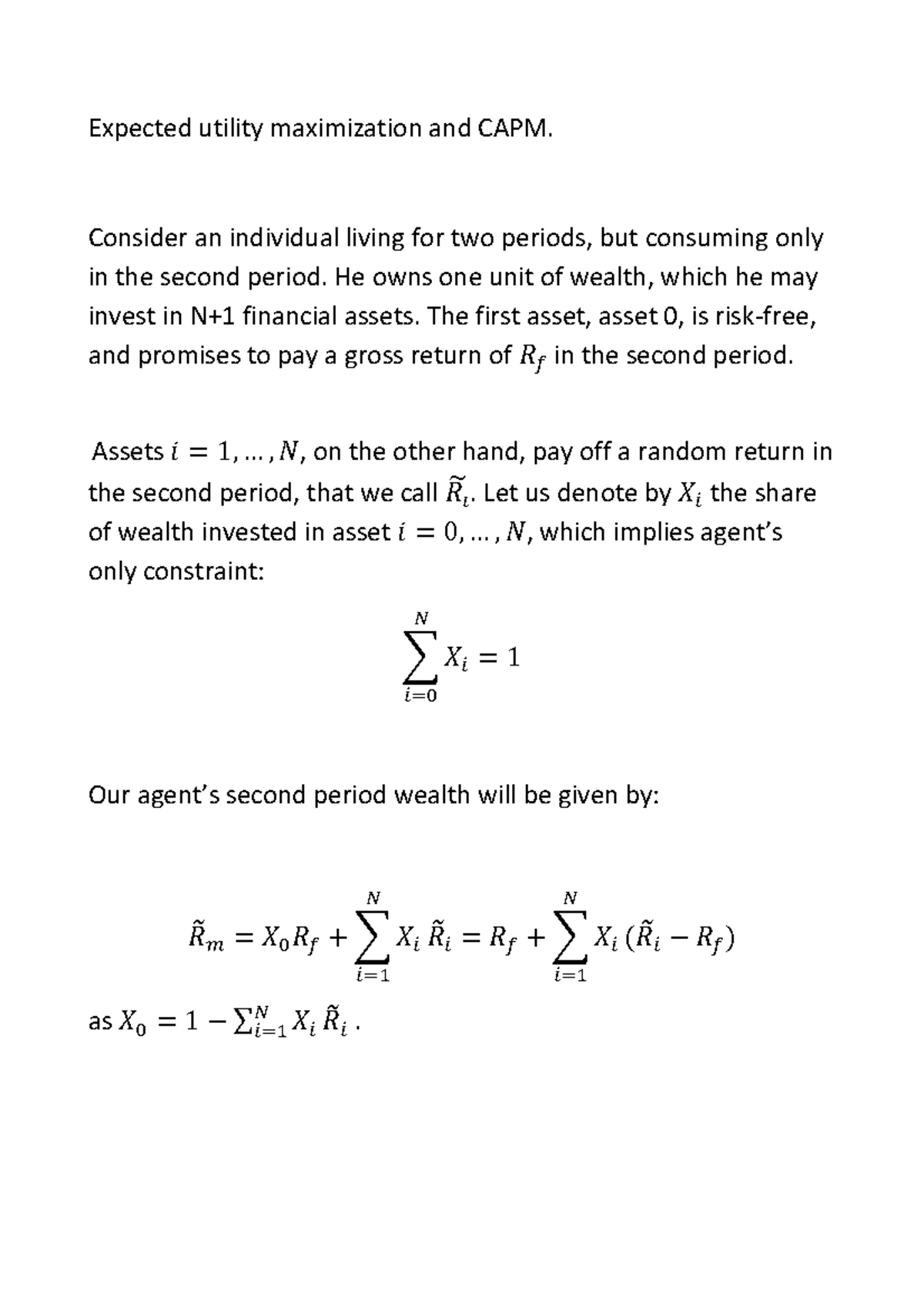 Expected utility maximization and CAPM - Consider an individual living ...