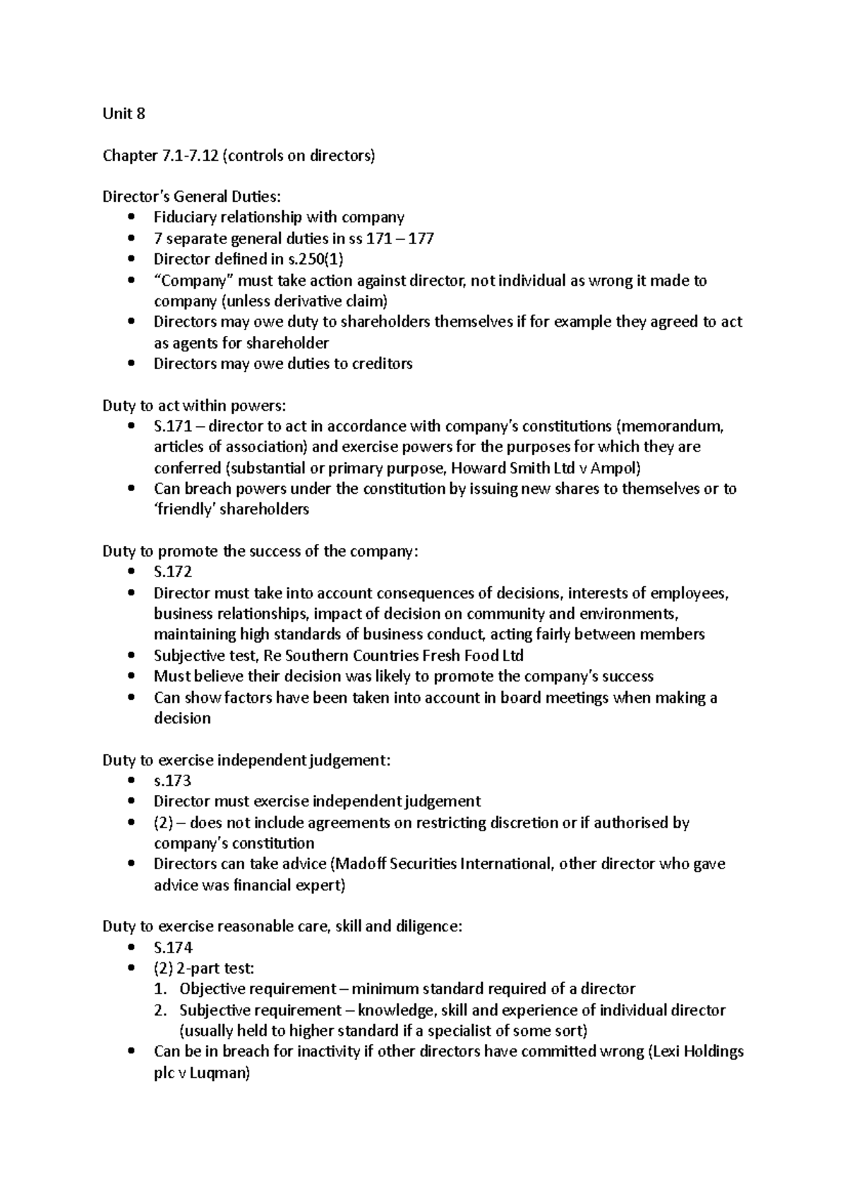 Unit 8 - Director's Duties and Director's Transactions Business Law and ...