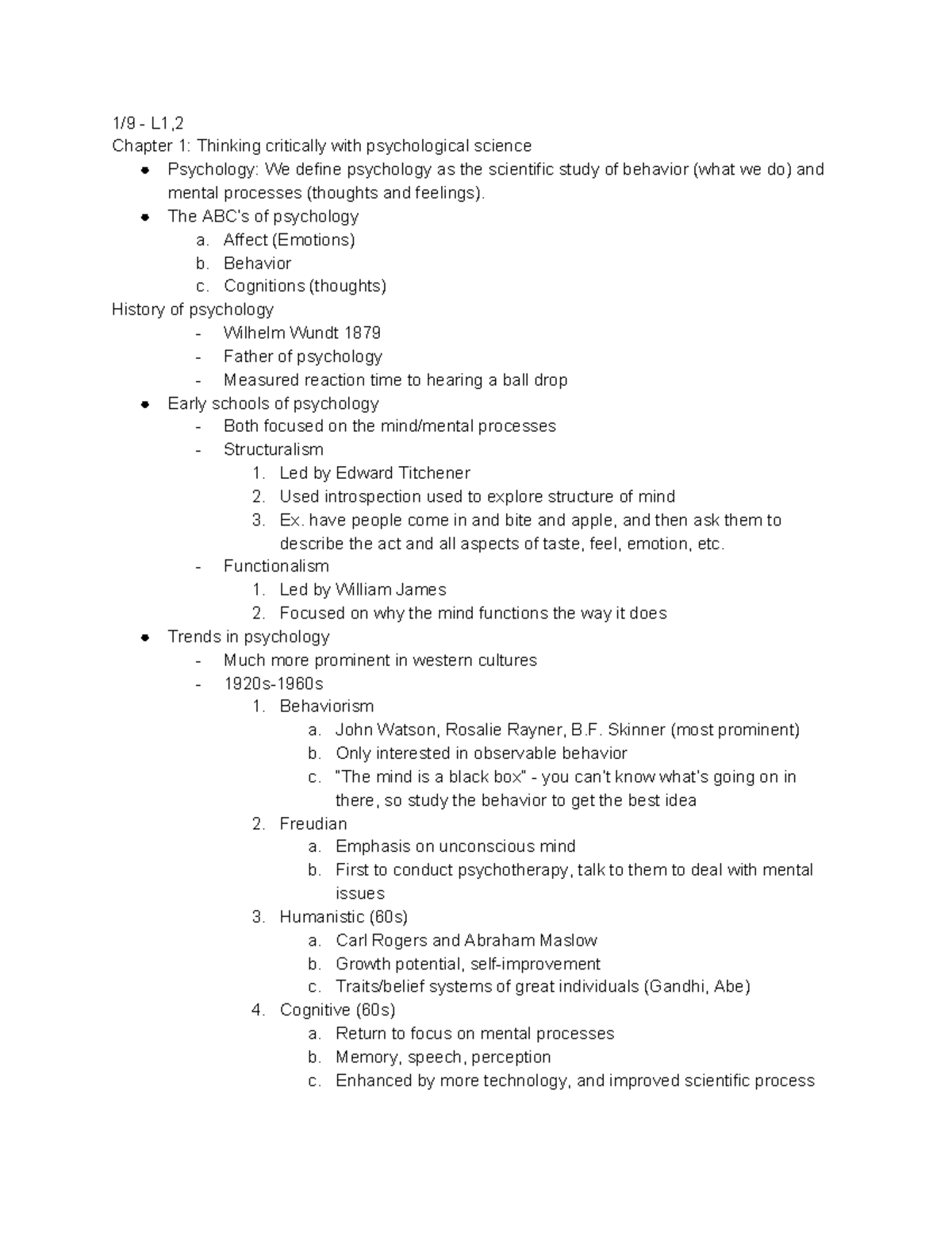 Psych 010 Notes - Lecture - 1/9 - L1, Chapter 1: Thinking critically ...